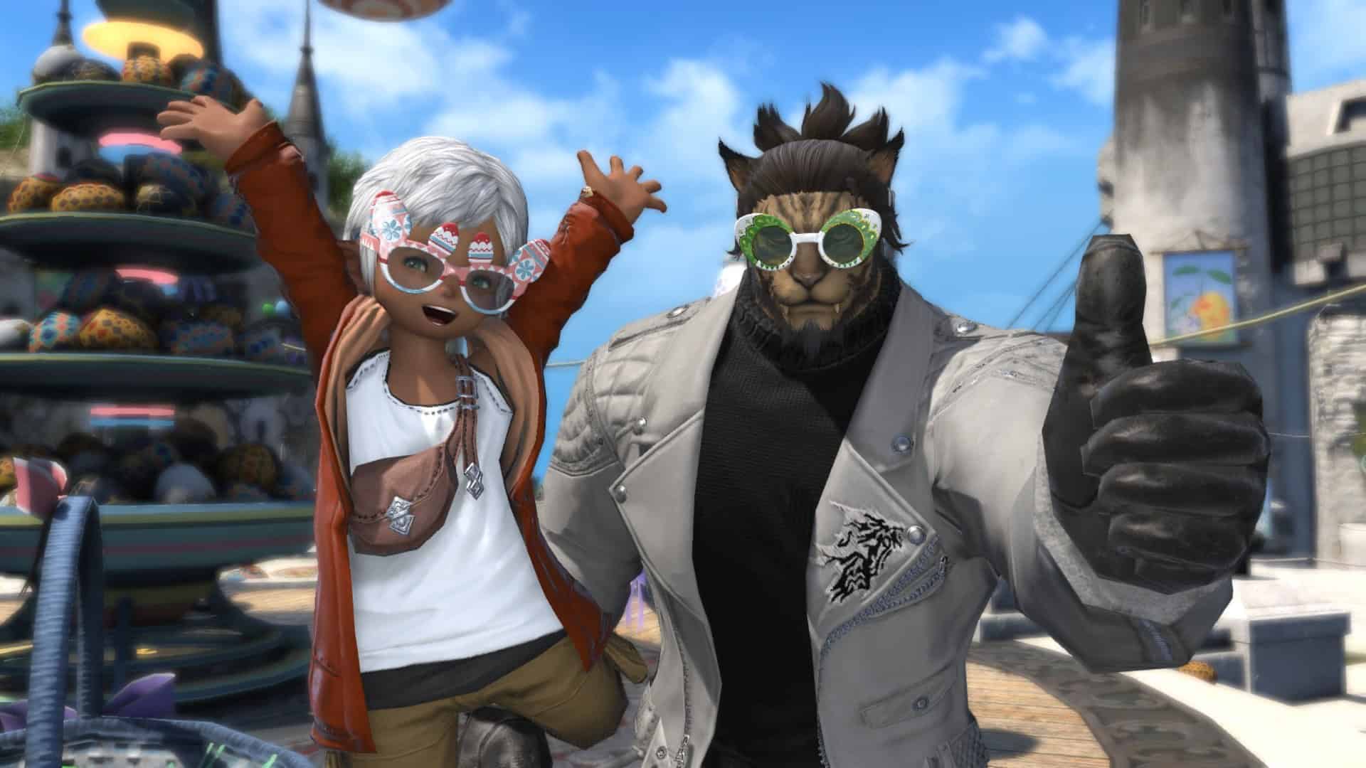 Final Fantasy 14 characters facing the camera, one of them giving a thumbs up