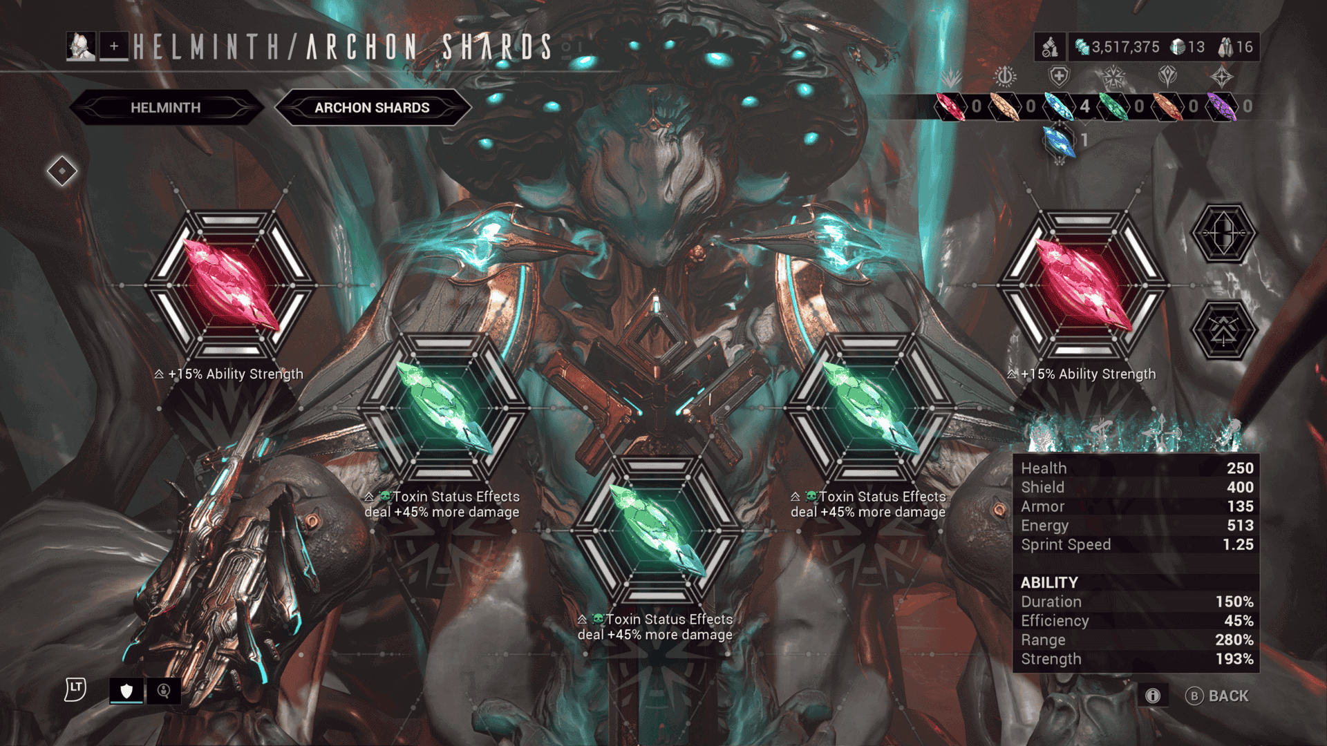 A screenshot of the Archon Shard menu with Nokko sitting in the Helminth chair, with two tauforged red archon shards and three tauforged emerald shards slotted.