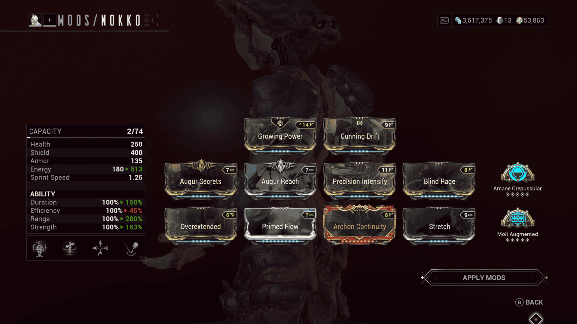 A screenshot of Nokko's mod screen in Warframe