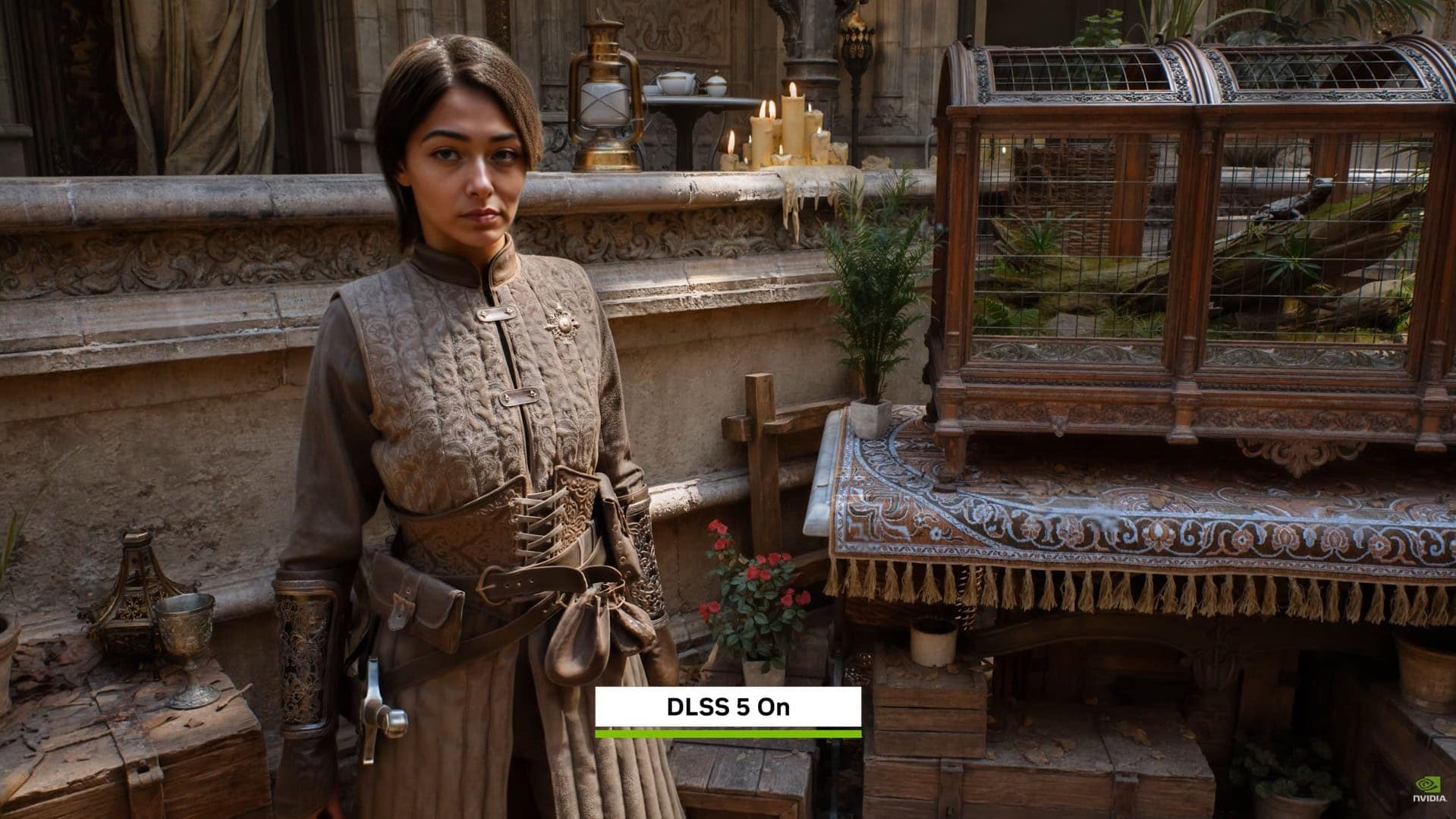 A female character standing next to a cage