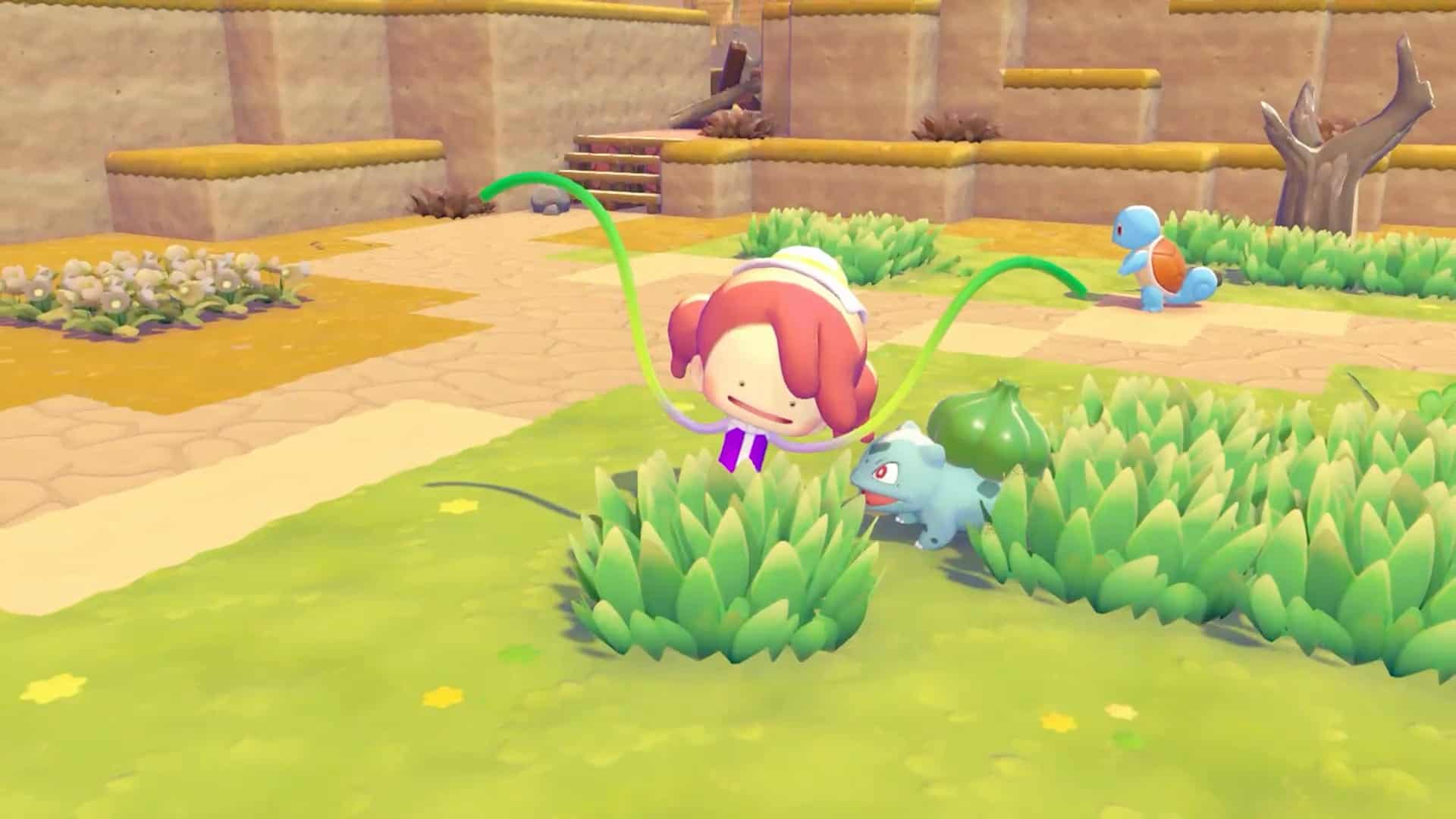 Pokemon Pokopia Ditto using leafage to create a patch of grass next to a Bulbasaur.