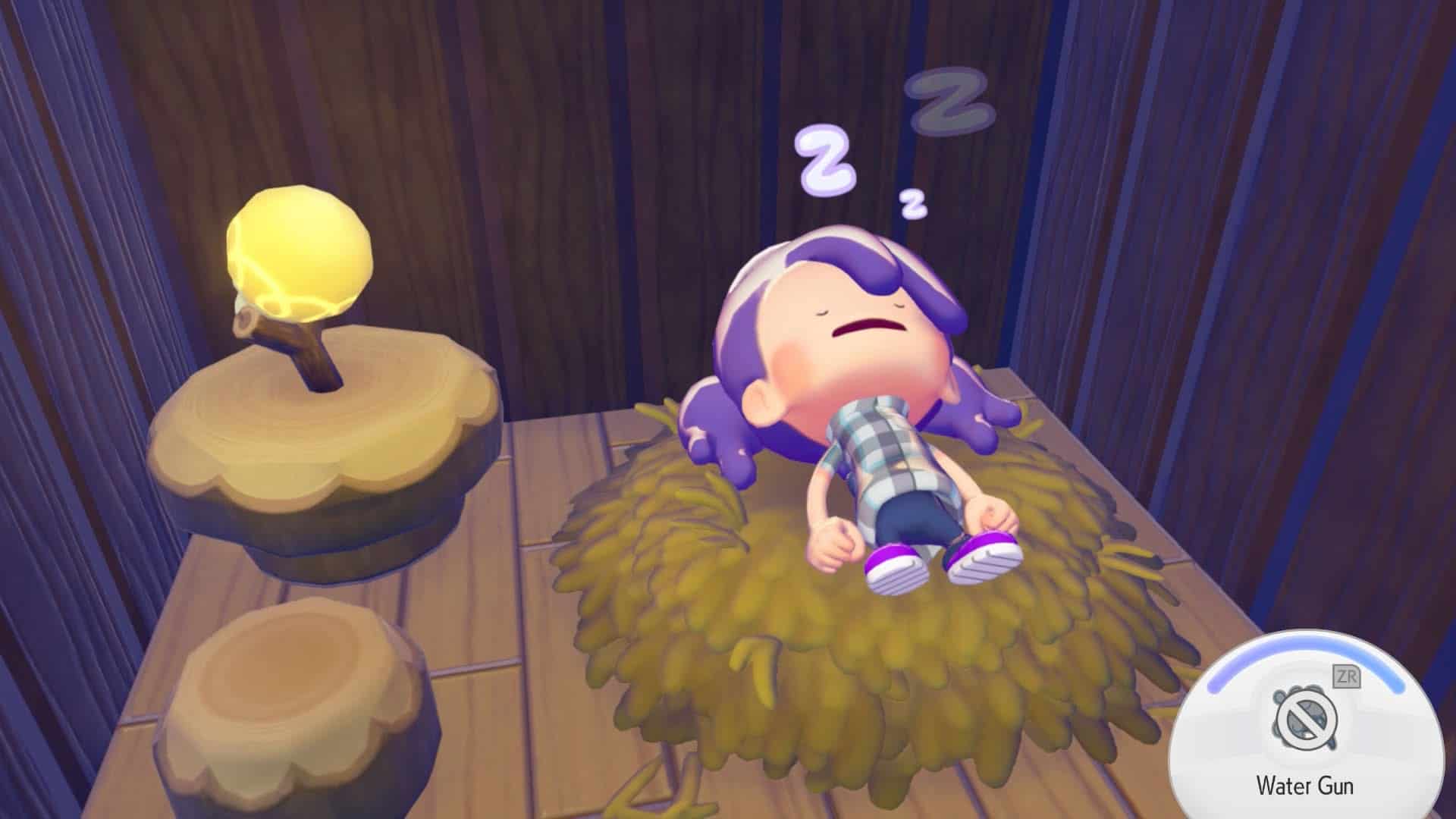The playable character in Pokopia, a transformed Ditto, sleeps in their home.