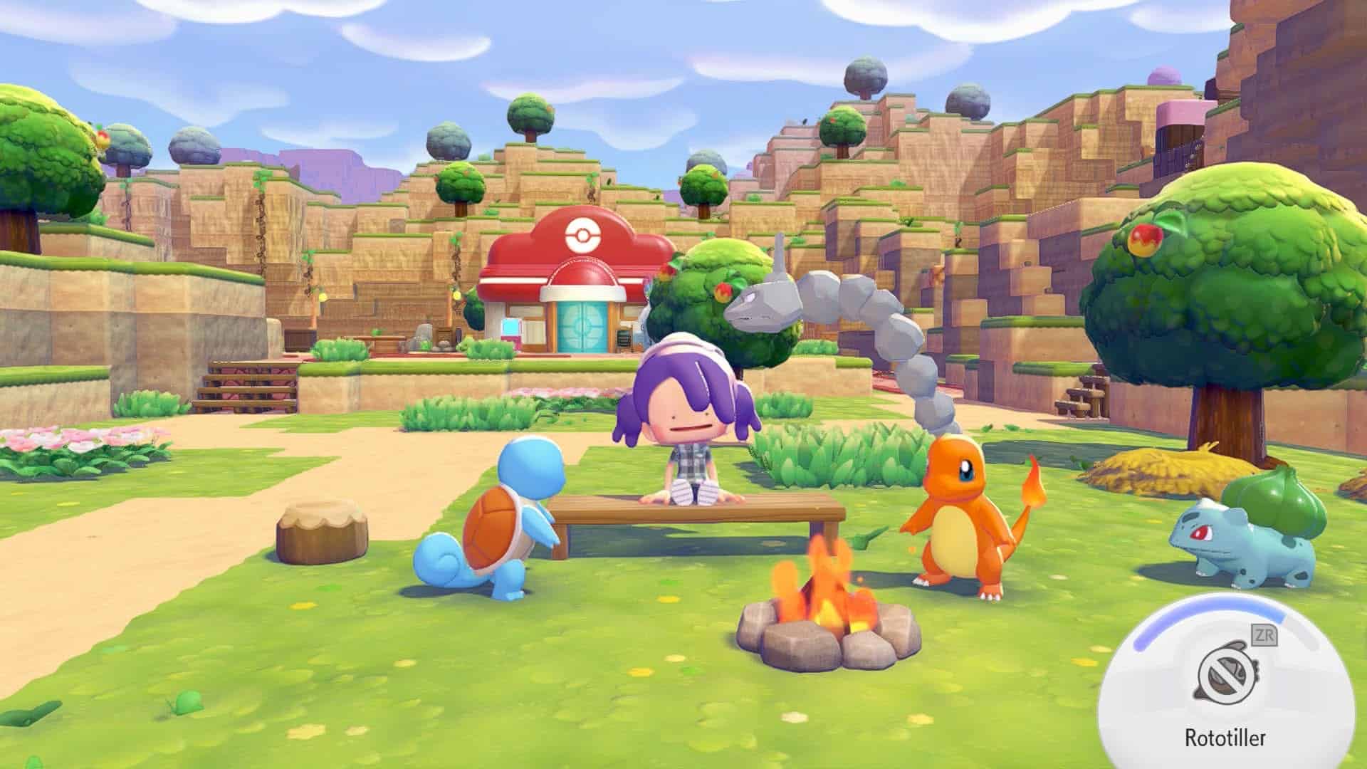 The author's playable Ditto sitting on a bench and hanging with their Poke pals.