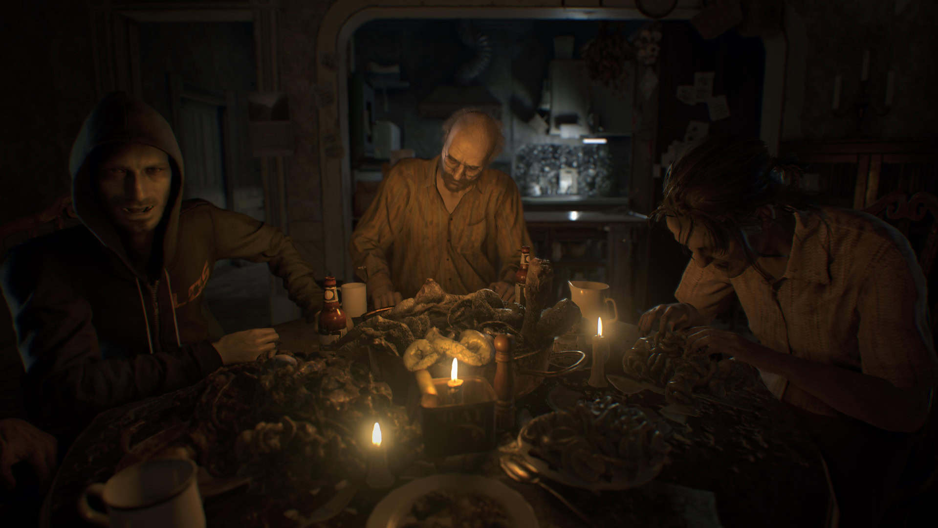 Resident Evil 7 biohazard screenshot with a family sat around a disturbing and dimly lit table dinner