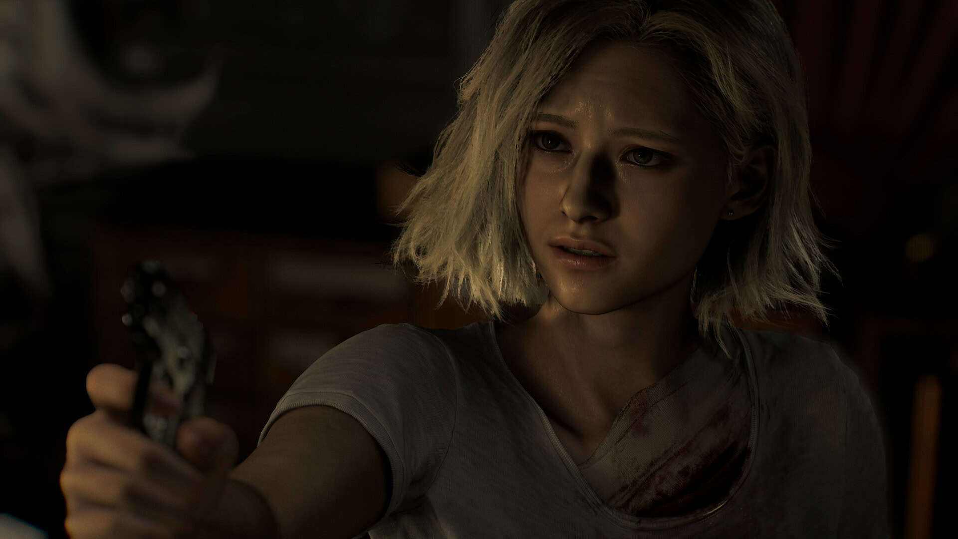 Resident Evil Requiem screenshot showing Grace Ashcroft holding a gun