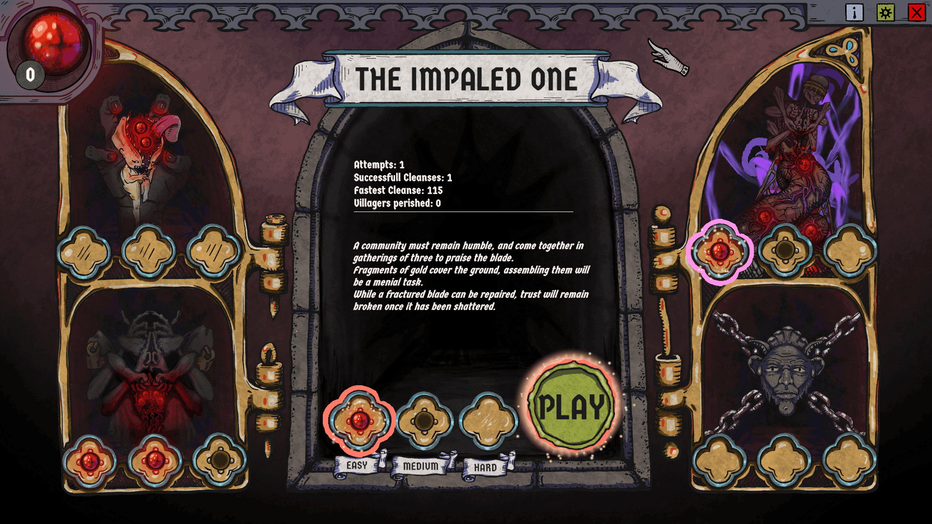 A screenshot of Bloodletter's entity-selection screen, featuring the Impaled One entity and the reviewer's 115-day attempt.