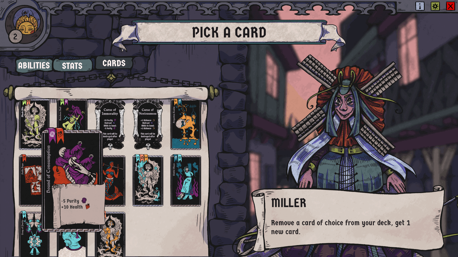 A screenshot of Bloodletter's evening gameplay, featuring the miller, who allows you to swap one card for another.