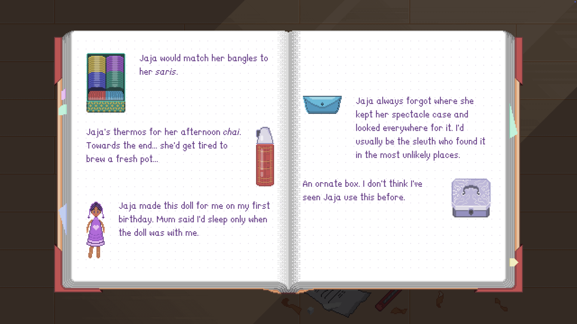 A diary/notebook filled with descriptions of various everyday items