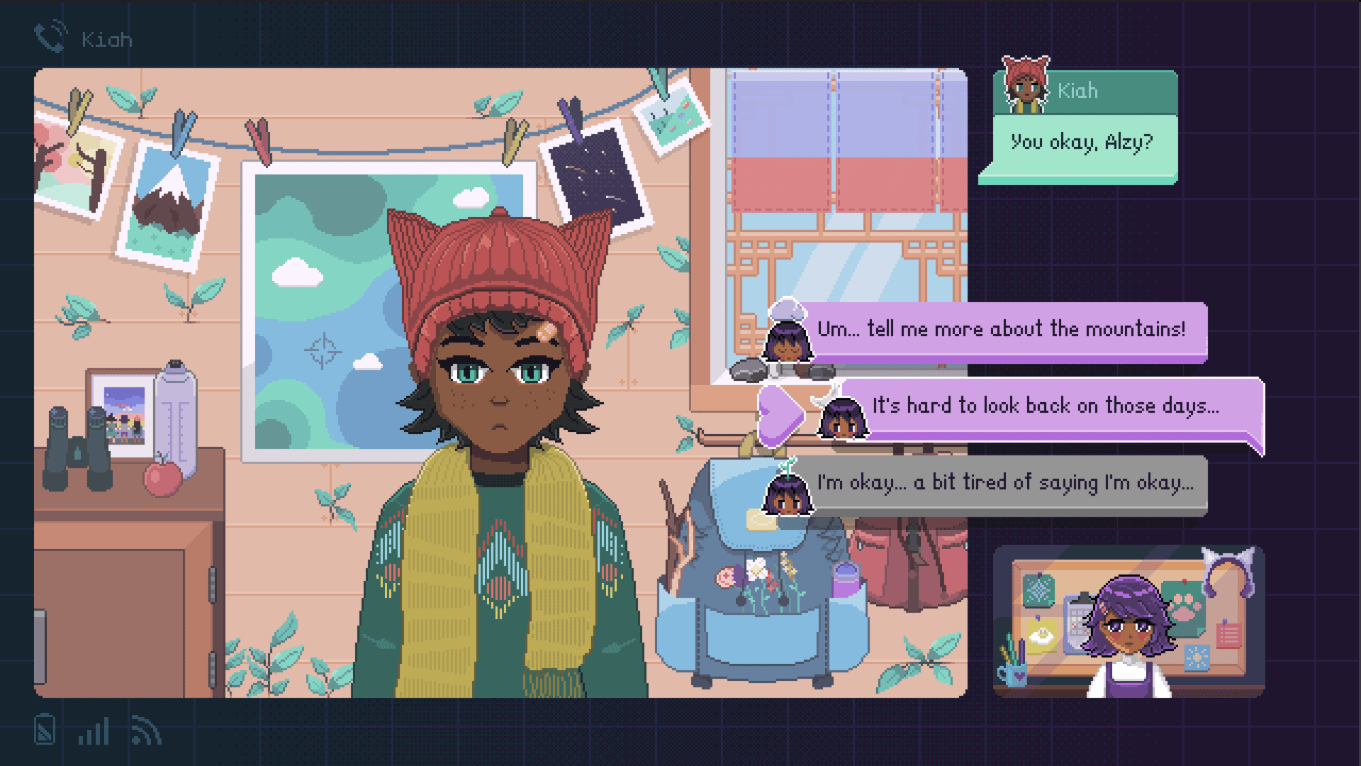 A screenshot depicting a conversation between two characters, one asking if Alzy is okay