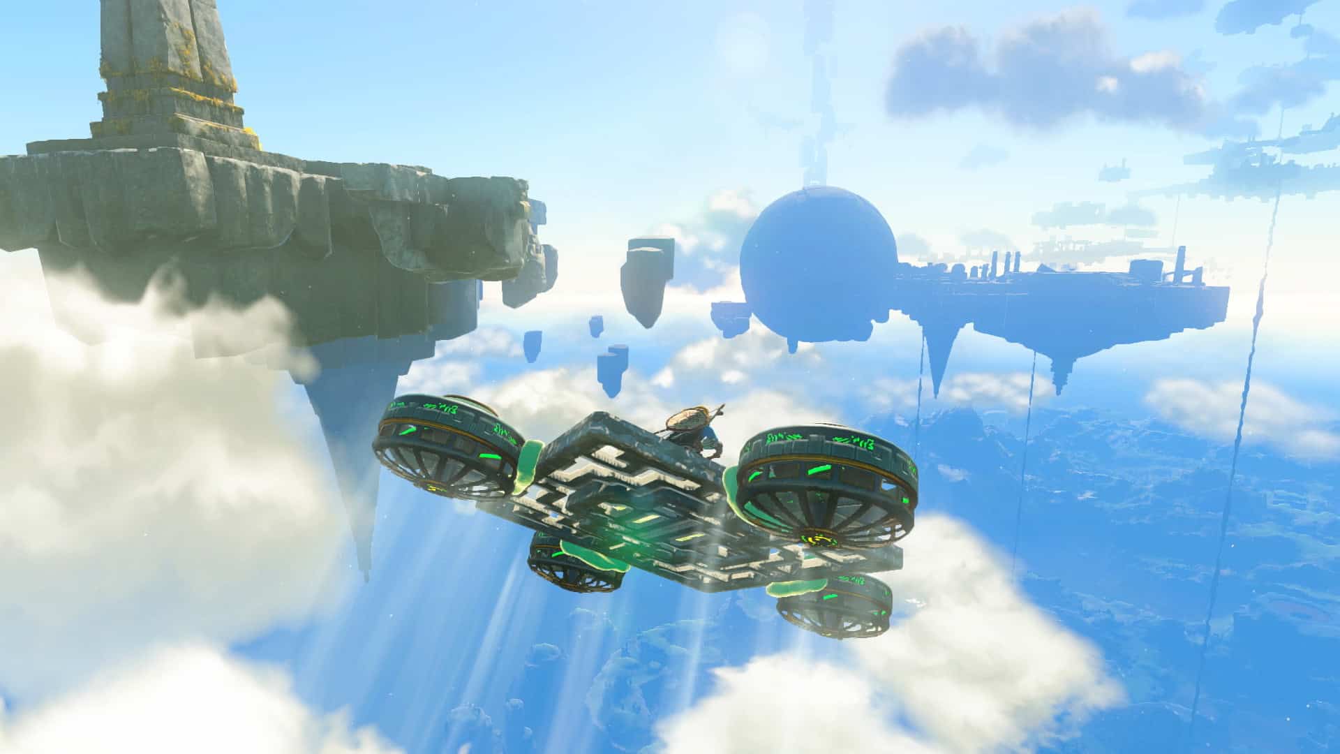 Tears of the Kingdom screenshot showing Link flying through the sky on a machine
