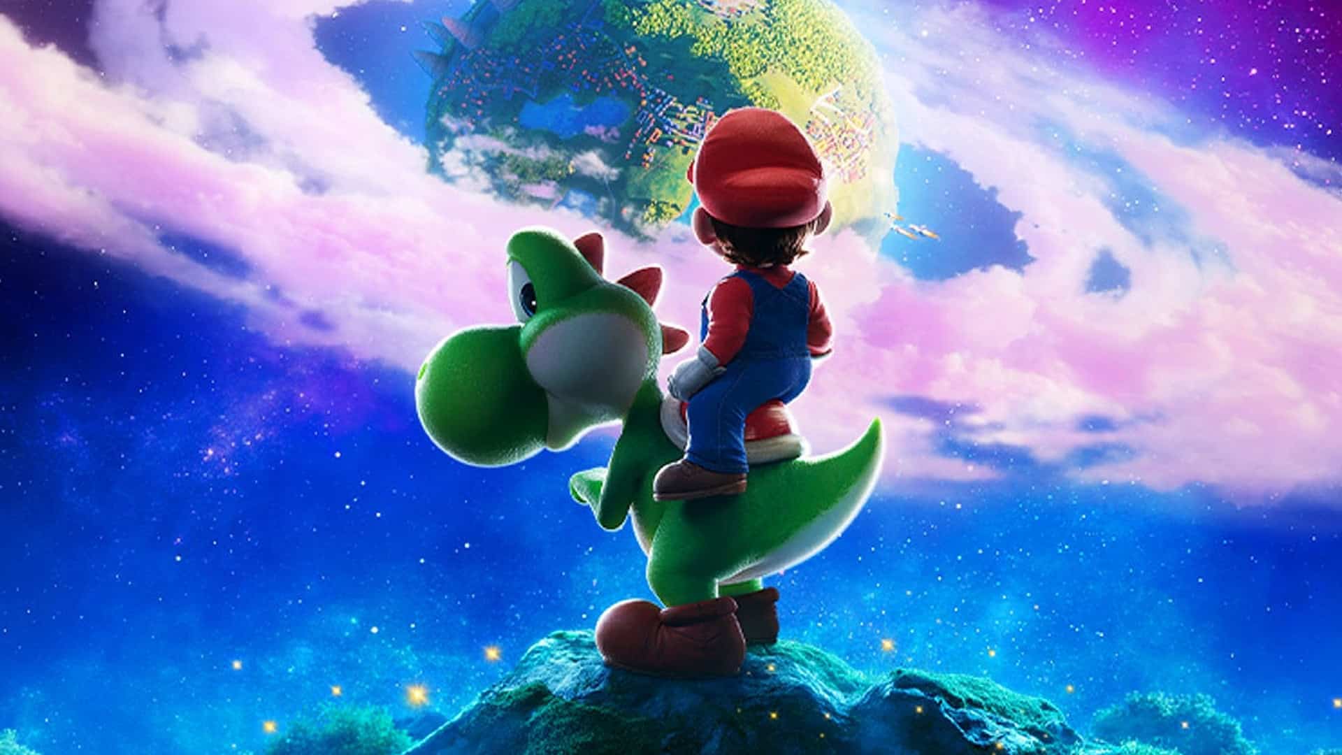 The Super Mario Galaxy Movie poster showing Mario riding Yoshi looking out at a planet