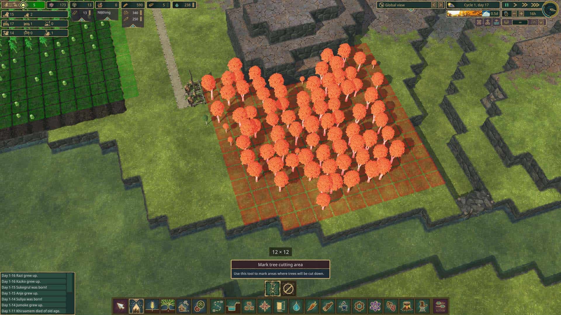 Selecting trees for harvesting in Timberborn.