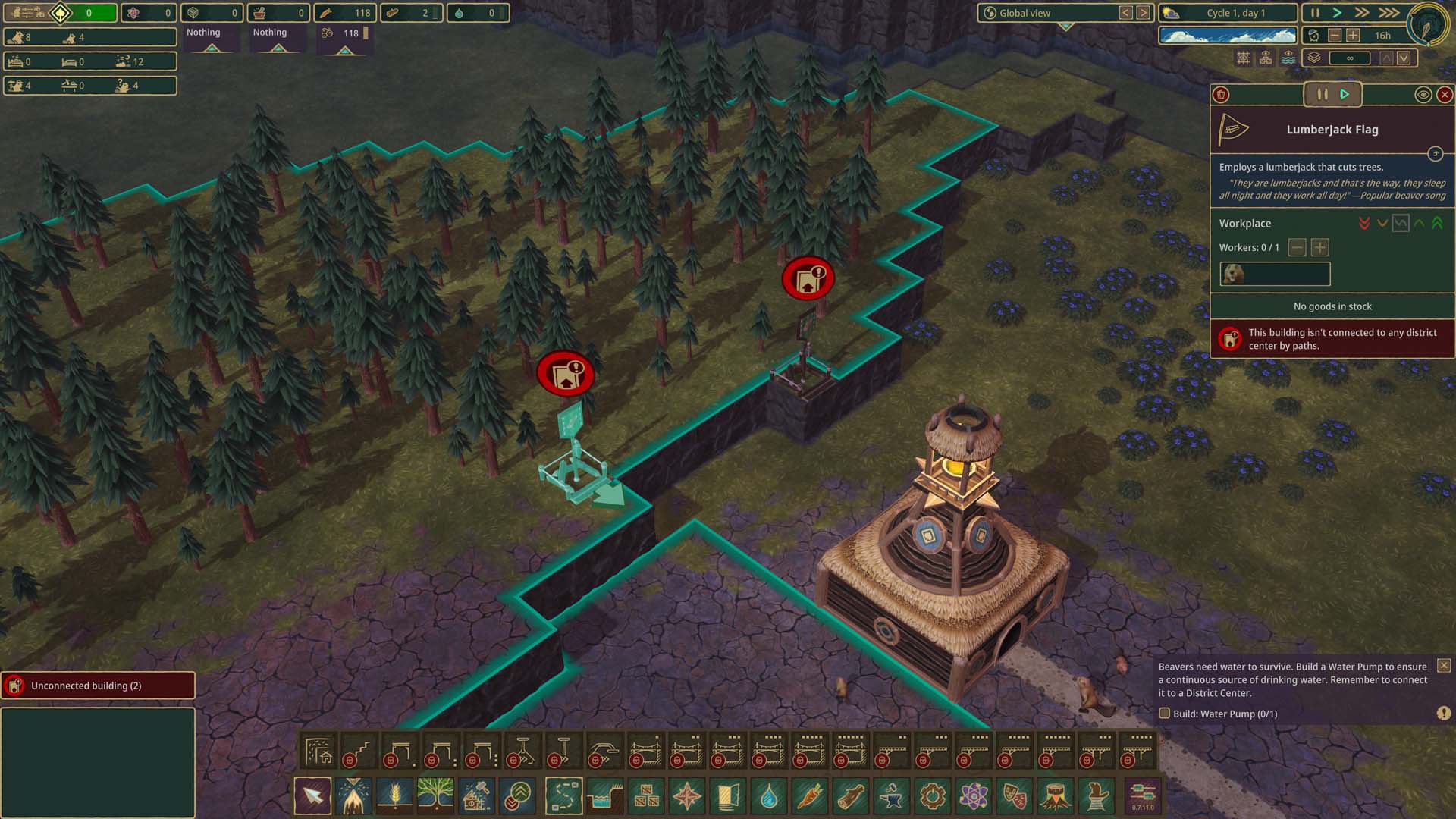 Incorrectly placed Lumberjack Flags in Timberborn.