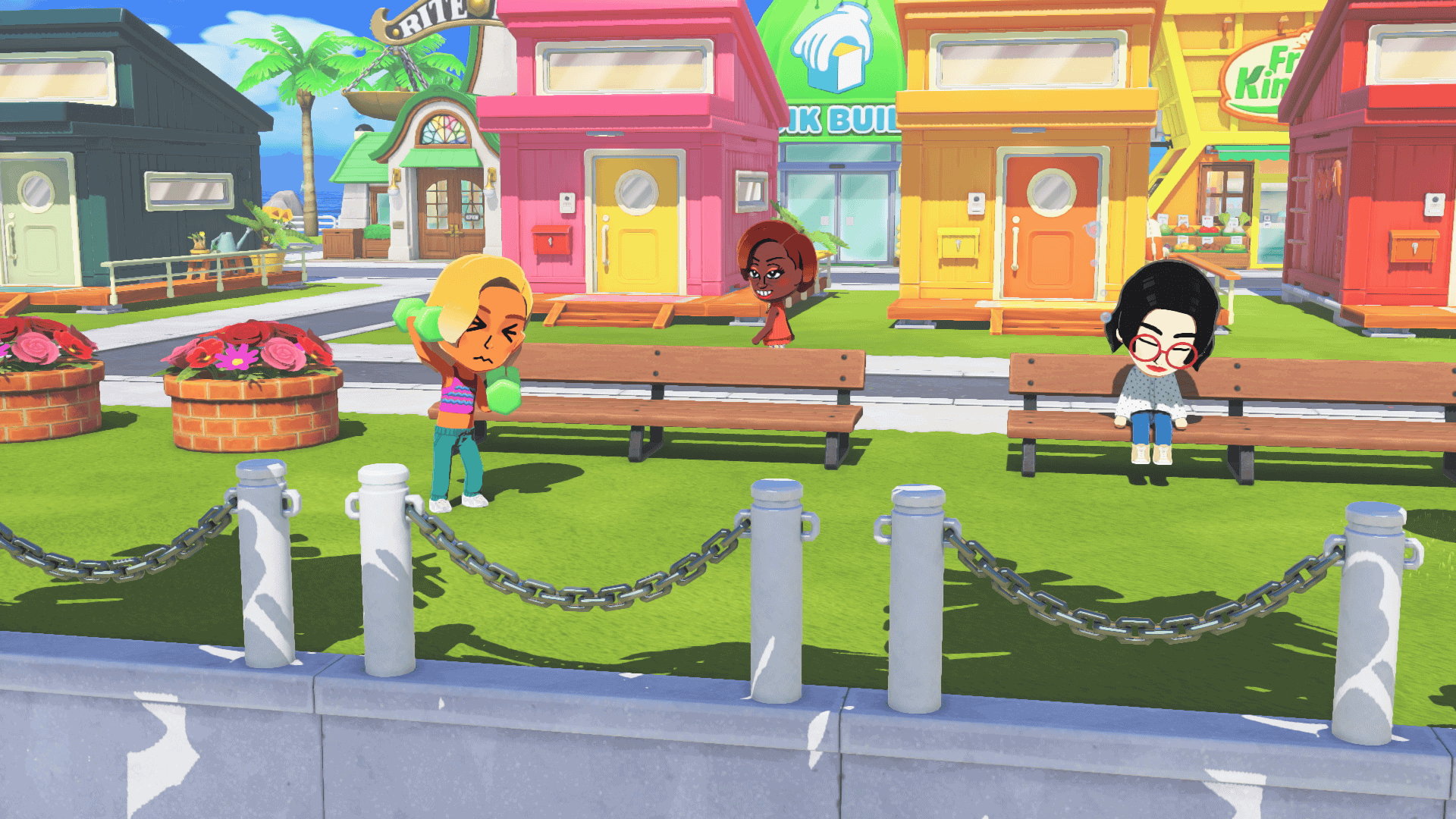 Tomodachi Life Living the Dream screenshot showing a character sleeping on a bench, one working out and another passing by