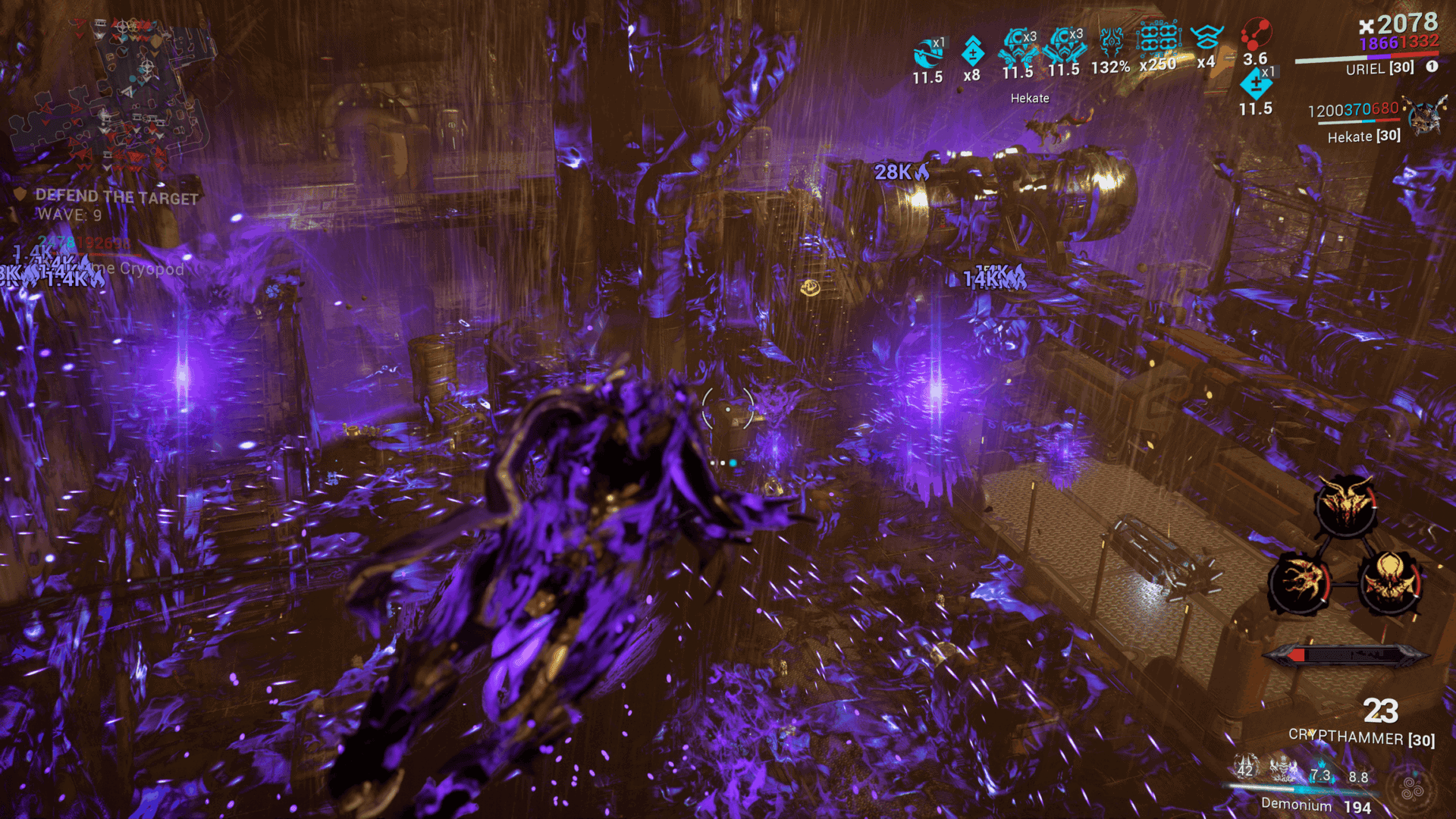 A screenshot of Warframe's Uriel high above the battlefield, with Brimstone's purple fire having spread across most of the visible map.