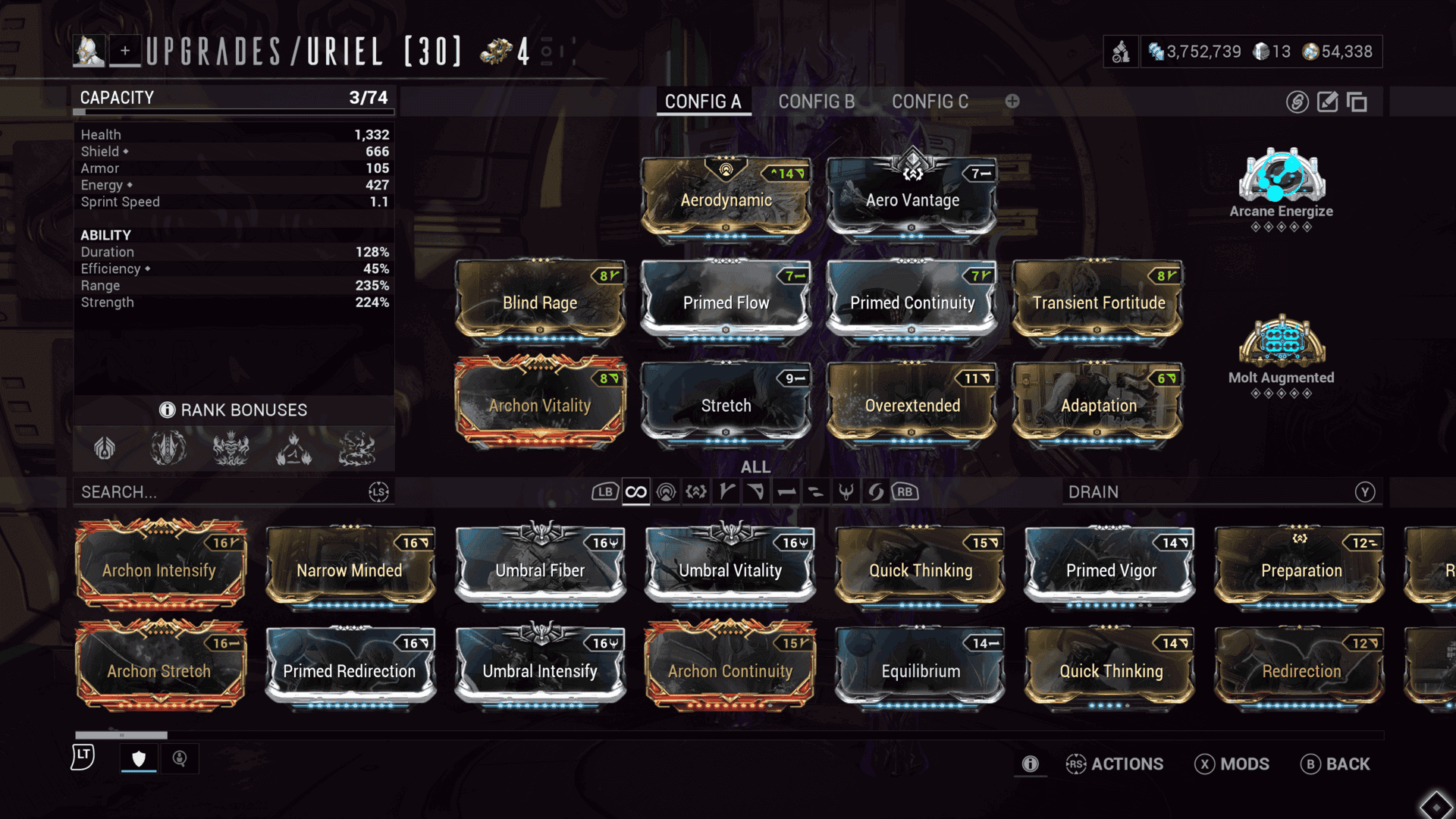 A screenshot of Uriel's mod screen in Warframe.