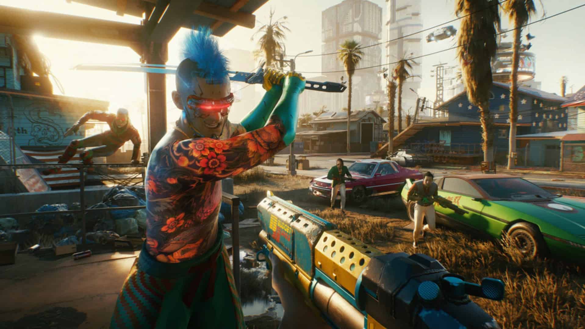Screenshot from Cyberpunk 2077 of an attacker being aimed at with a gun
