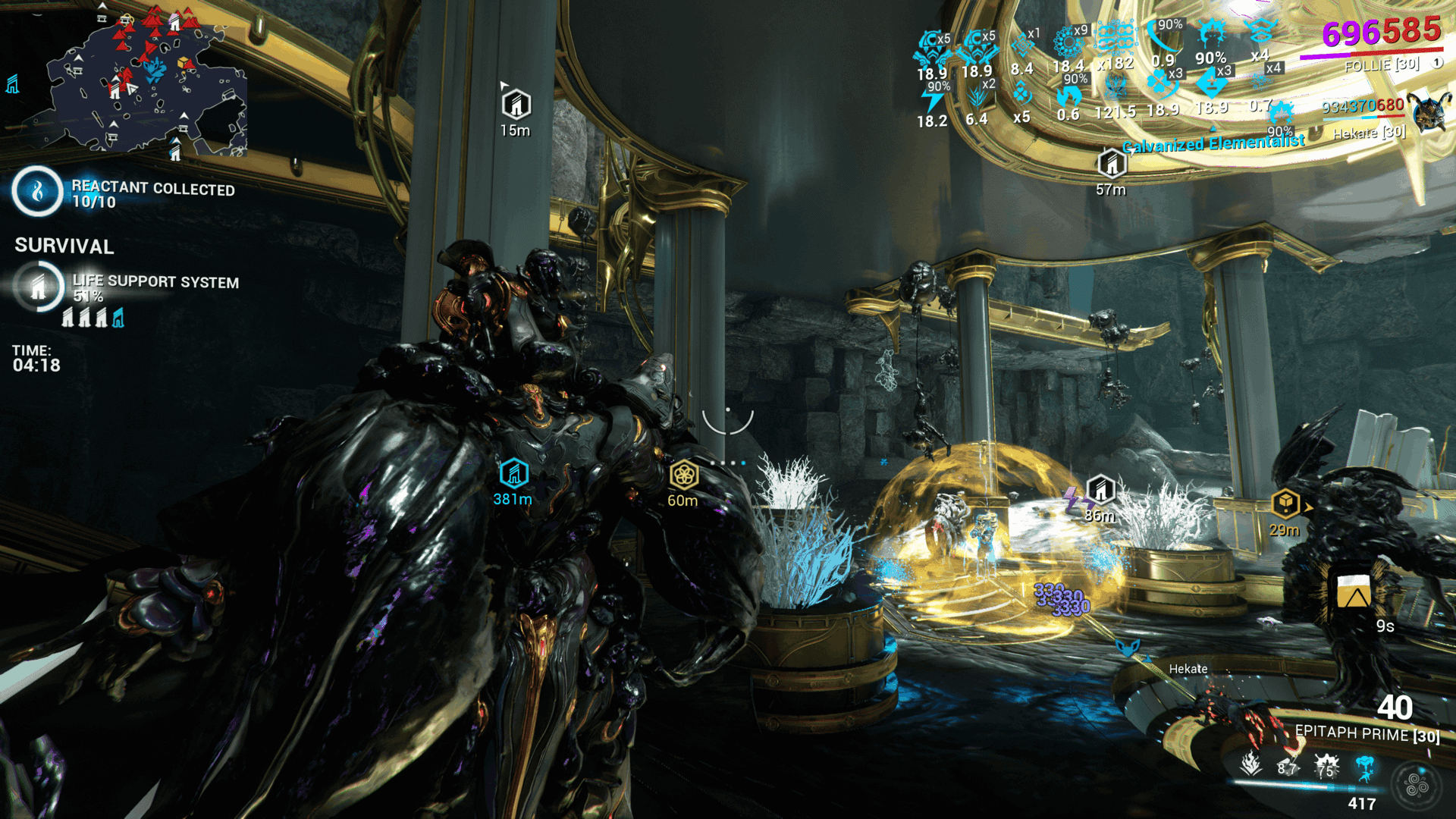 Follie watches as enemies are lifted into the air via balloons after casting Plein Air.