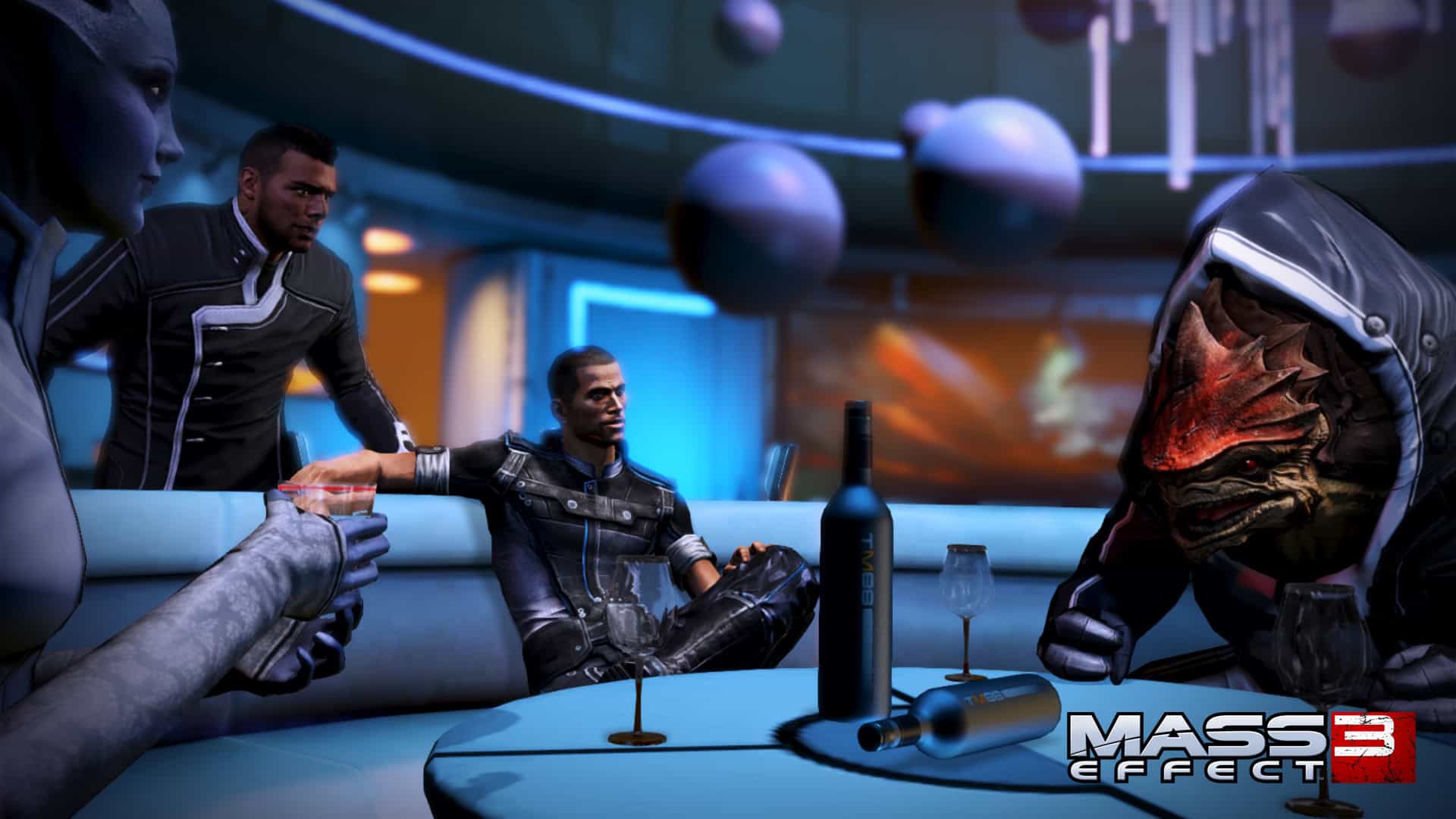 Commander Shepard sitting and chatting with friends in Mass Effect 3