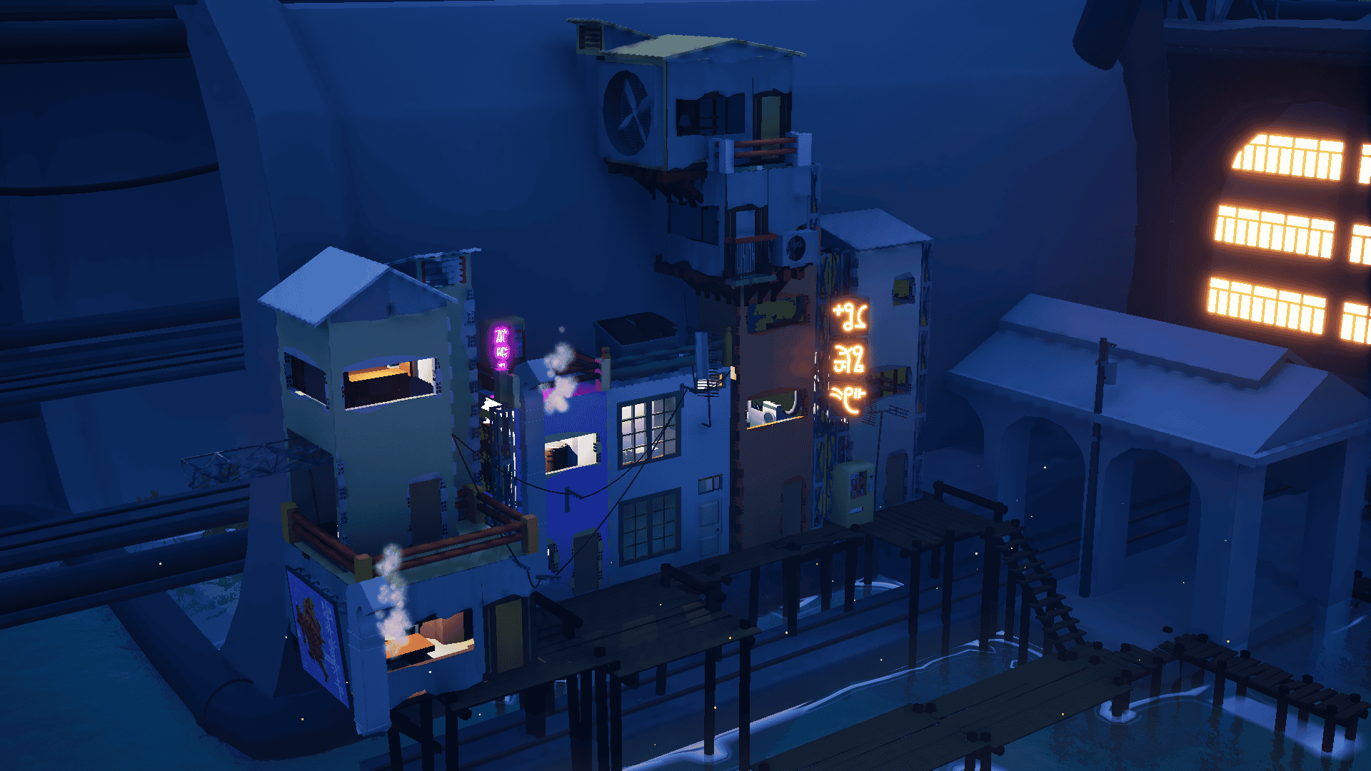 A dark town built into a giant pipe.