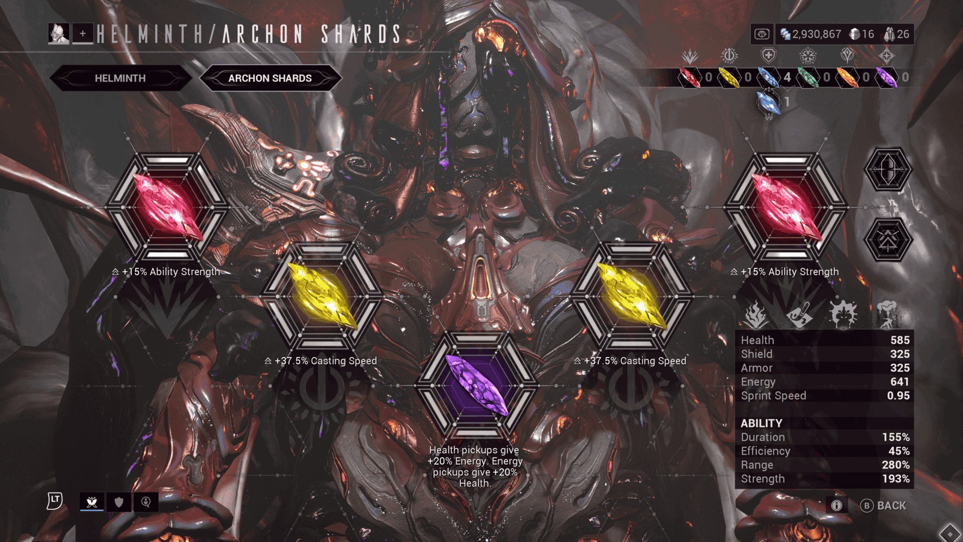 A screenshot of Follie's archon shard assortment in Warframe.