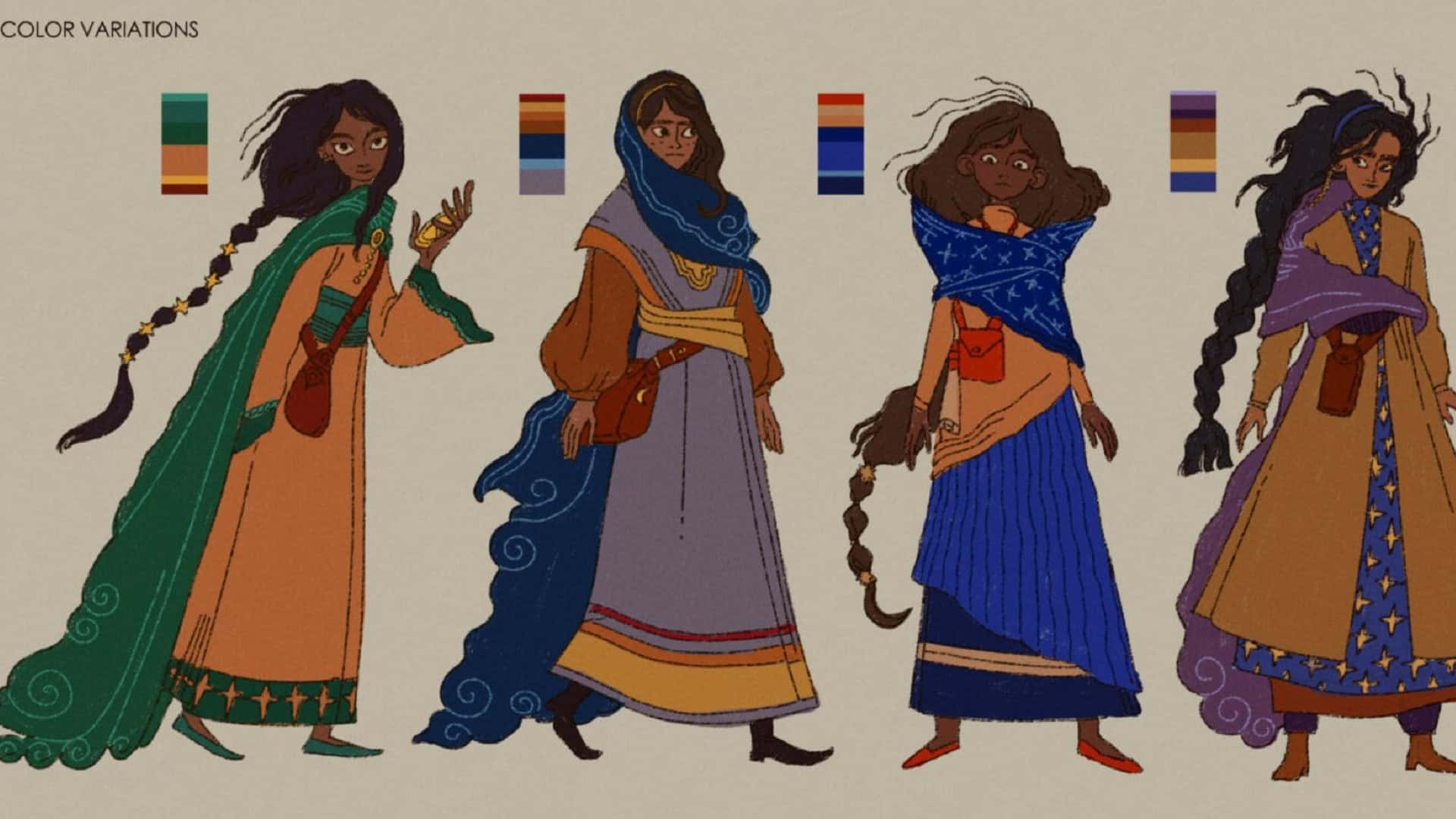 House of Hikmah concept art featuring Maya in green, blue, dark blue and purple outfits