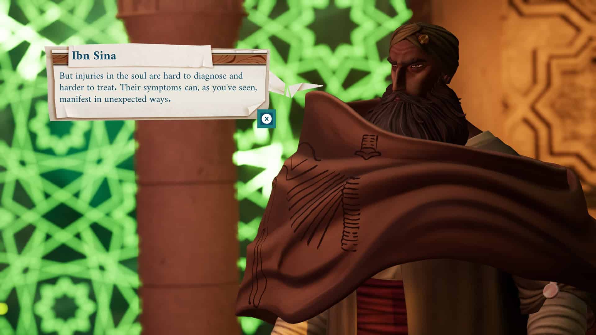 Ibn Sina standing before a glass wall, explaining how grief and trauma linger