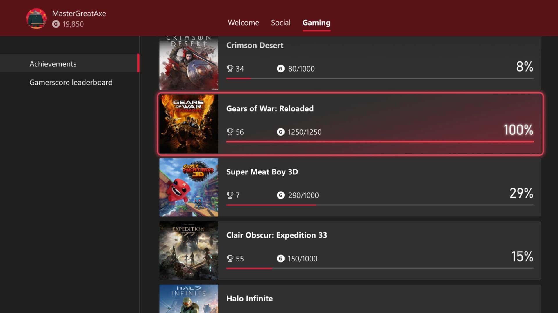 Xbox Achievements Menu