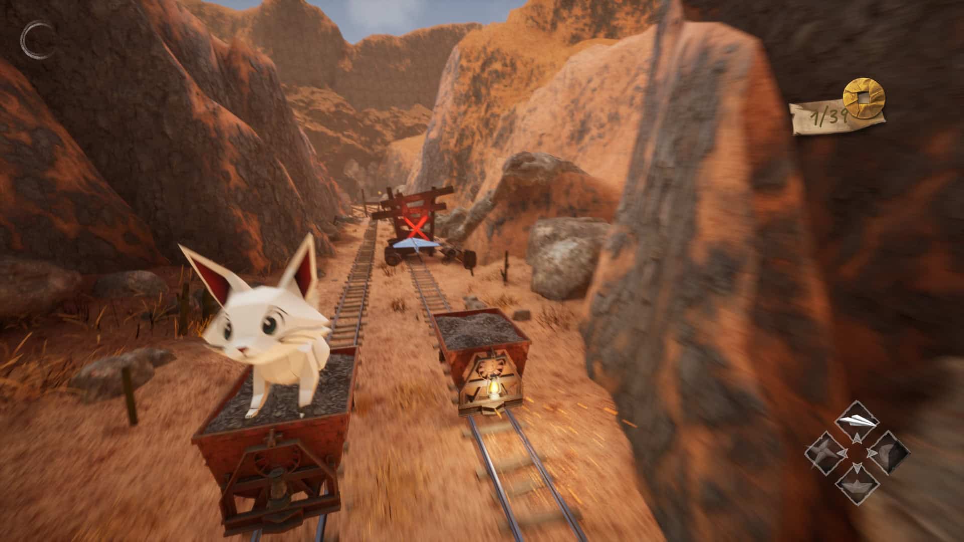 A paper airplane flying between a cart about to crash into a barrier and land in another cart with a cat sitting in it.