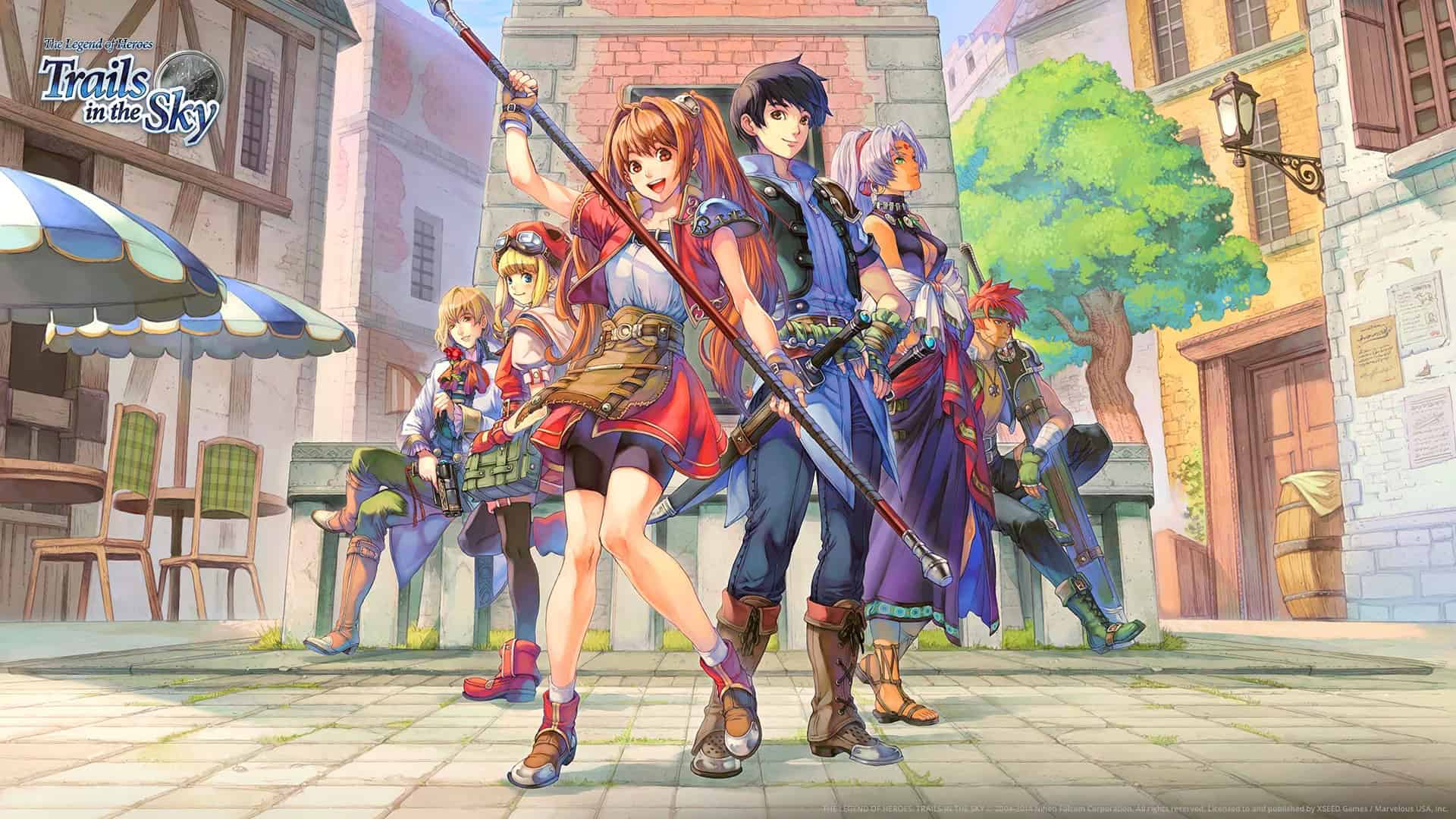 Promo art for Trails in the Sky featuring the main characters and their companions