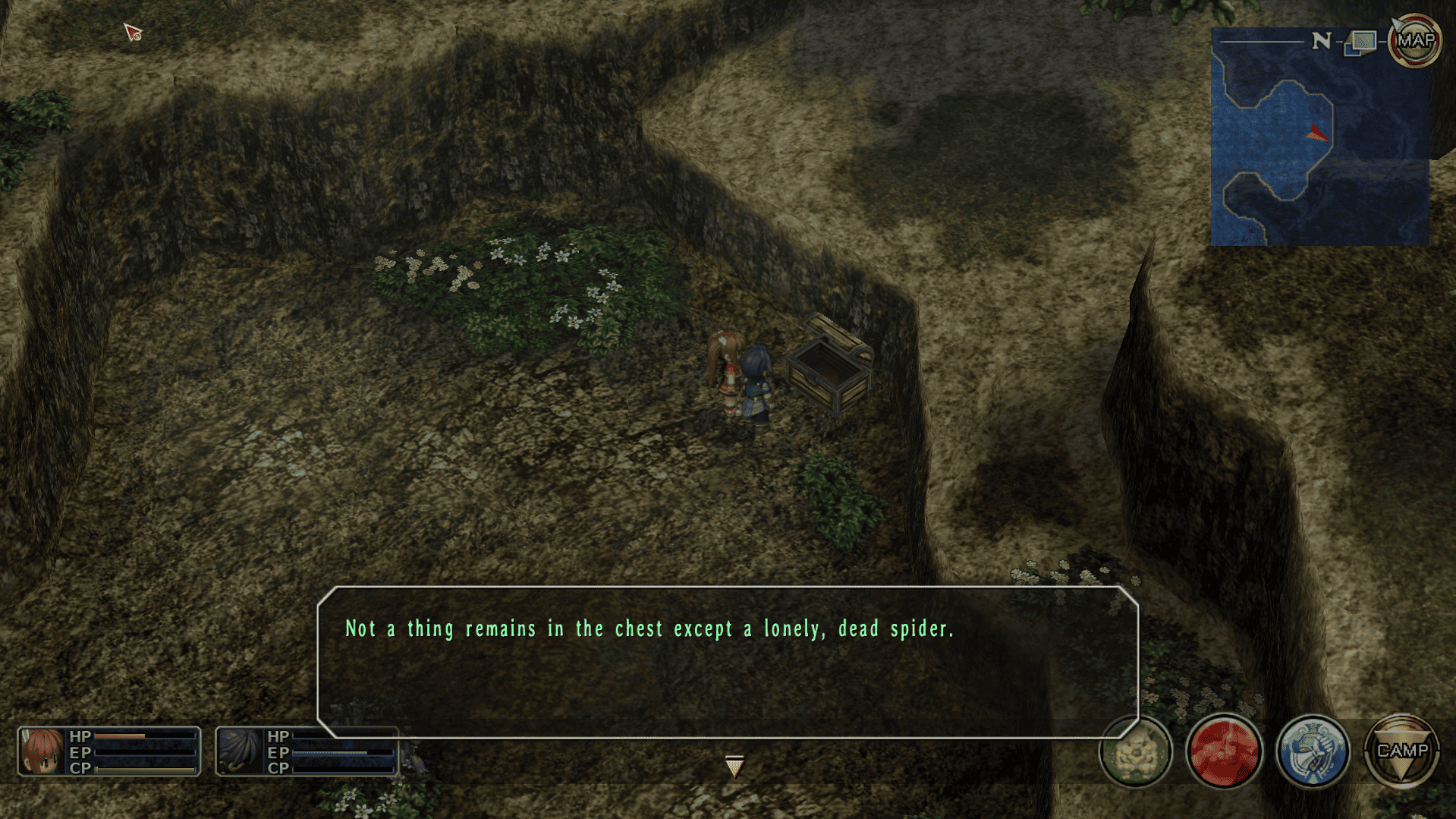 A chest describing how nothing's inside it except for a dead spider