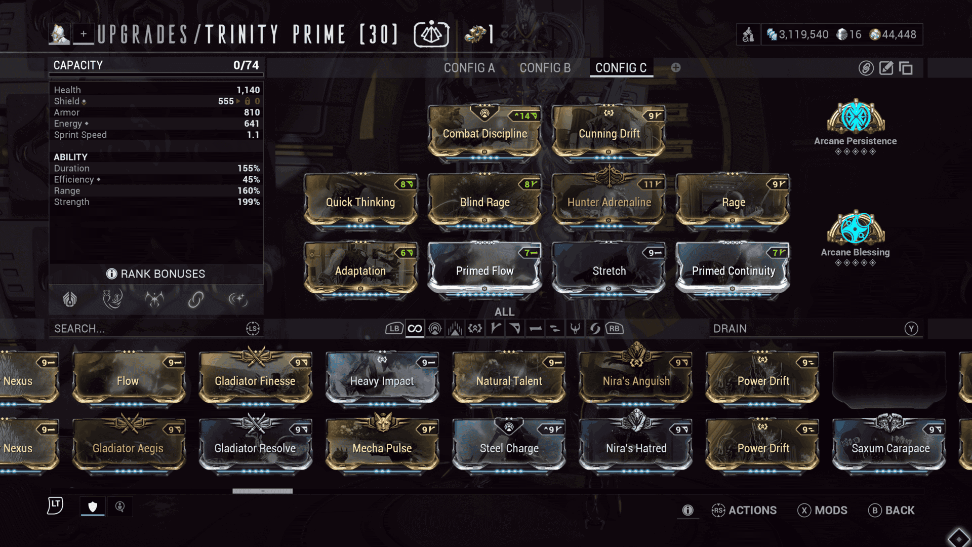 A screenshot of Trinity's mod screen from Warframe.
