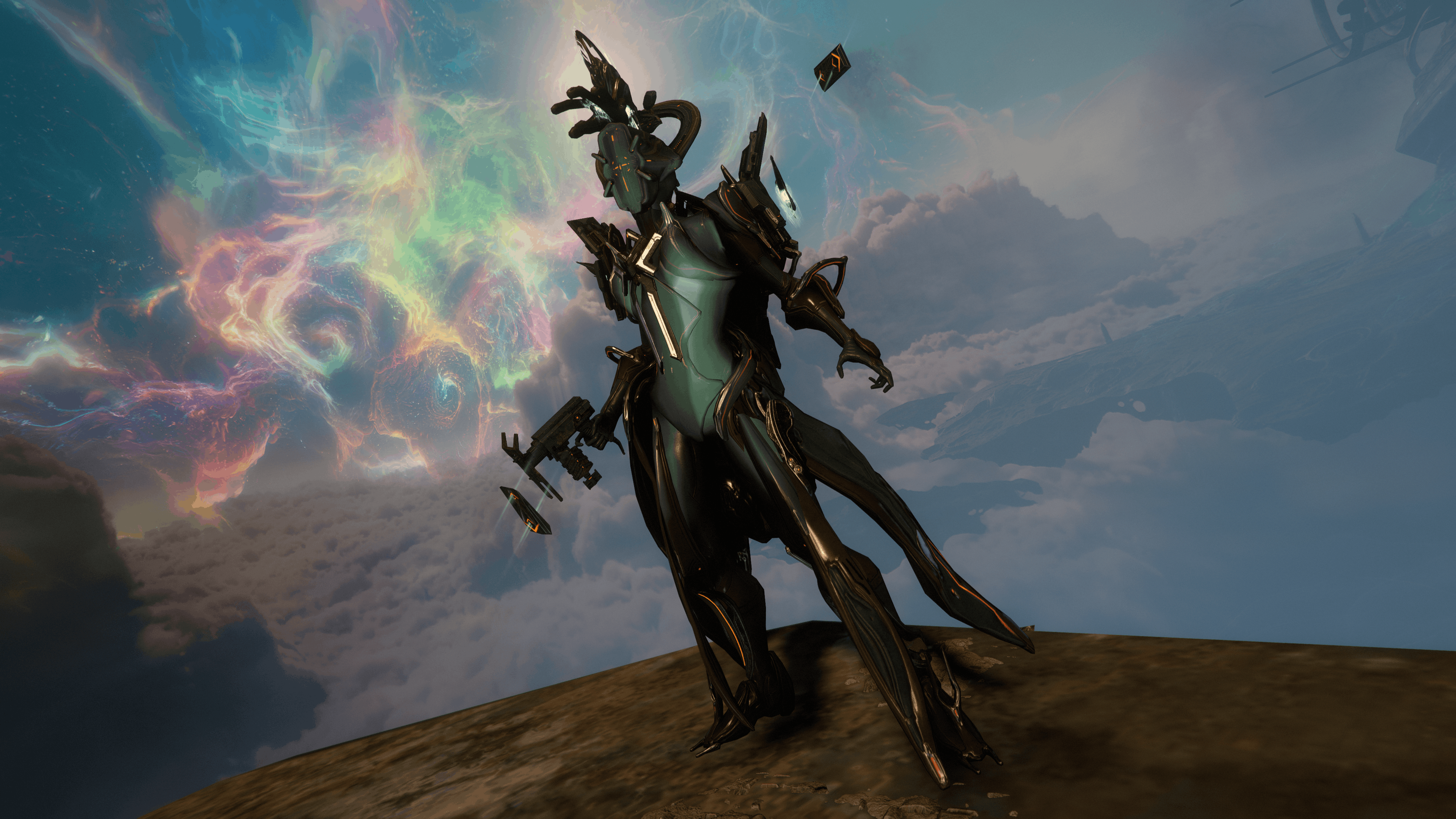 Trinity from Warframe posing in Duviri set against a rainbow-hued sky.