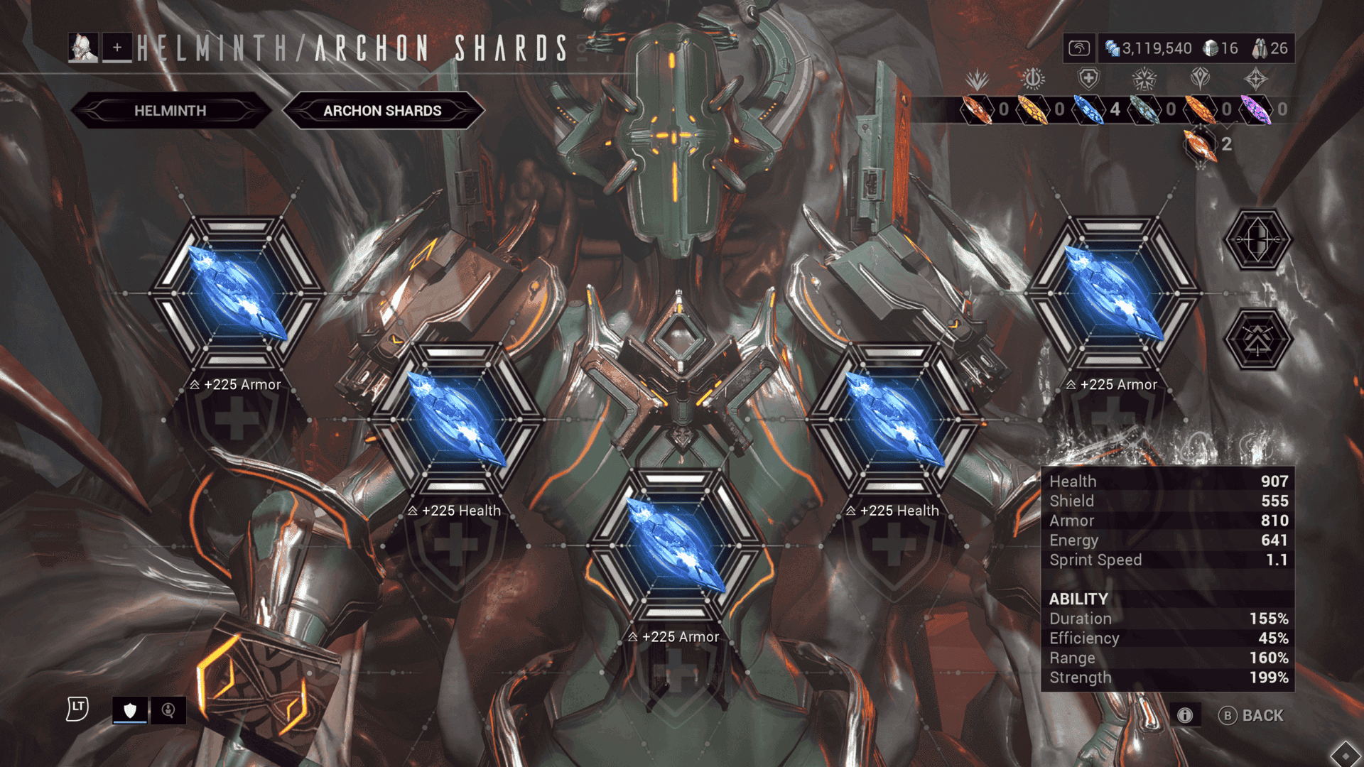 A screenshot of Trinity's archon shards in Warframe, with five tauforged azure shards slotted.