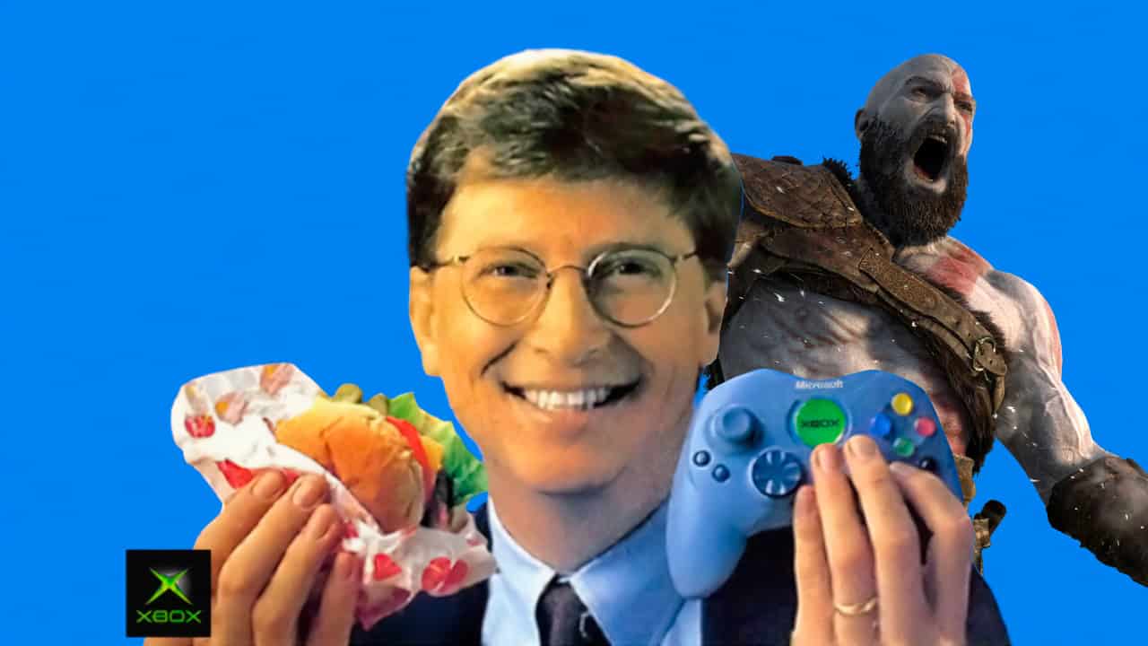 Bill Gates posing with edited extra hands holding a hamburger and an Xbox controller, with Kratos shouting in the background