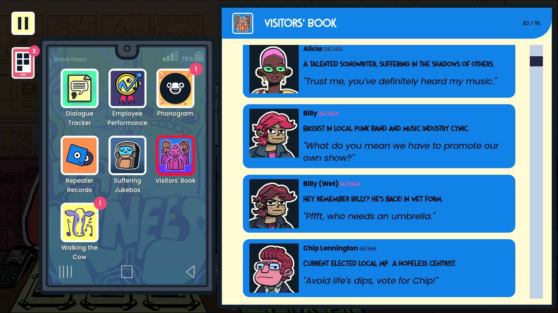 Phone listing characters and their pronouns