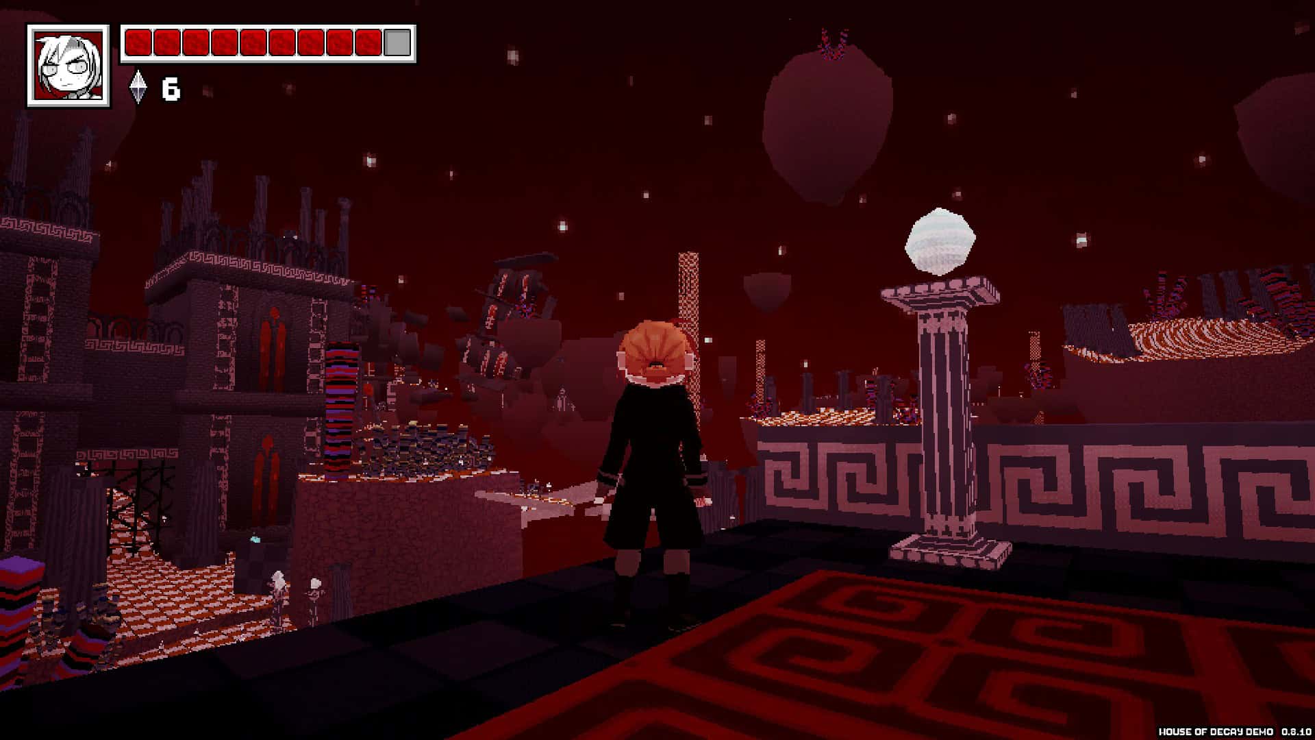 A screenshot of the protagonist looking into the floating islands of House of Decay