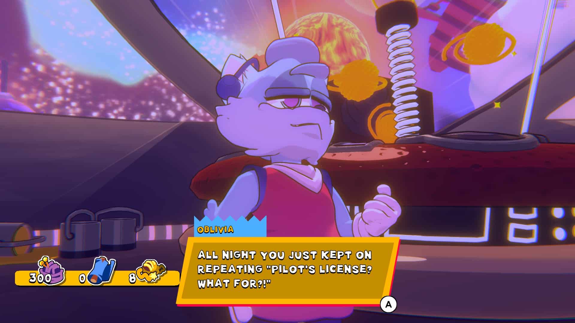 Oblivia saying Bubsy kept repeating "Pilot's License? What for?" in his sleep