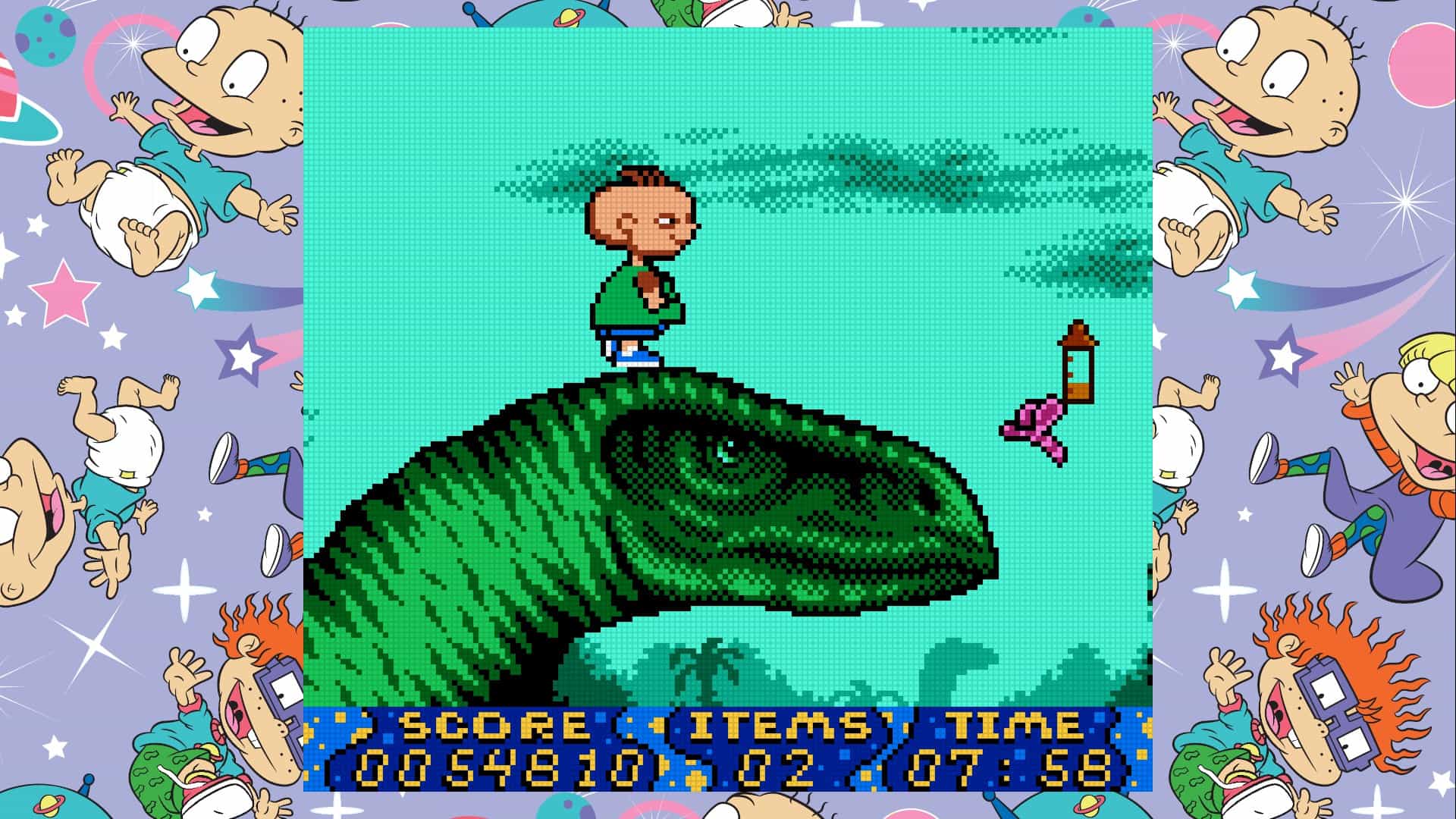 Phil from Rugrats standing atop a dino head