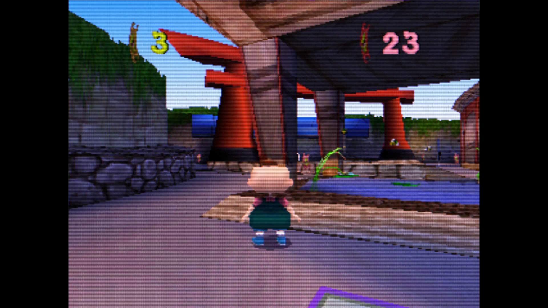 Phil standing in an oriental-themed part of the Euroreptarland park in Rugrats in Paris: The Movie game