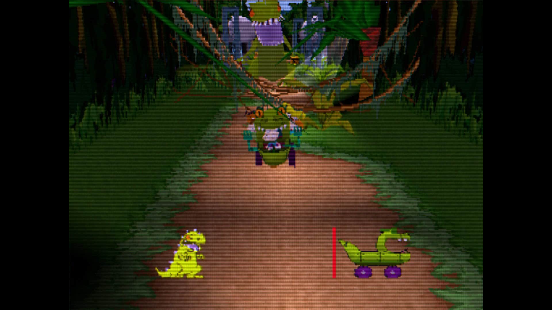 Rugrats being chased by Reptar in Rugrats: Studio Tour