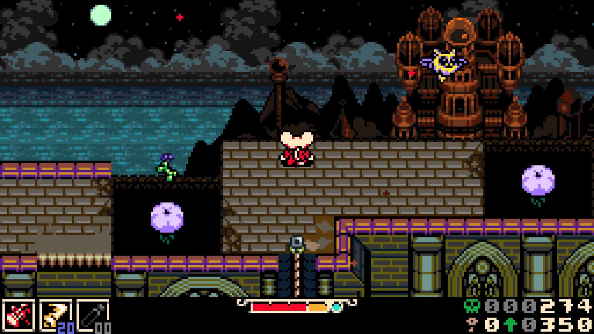 Mina looking at a distant Spark Tower and a town next to it