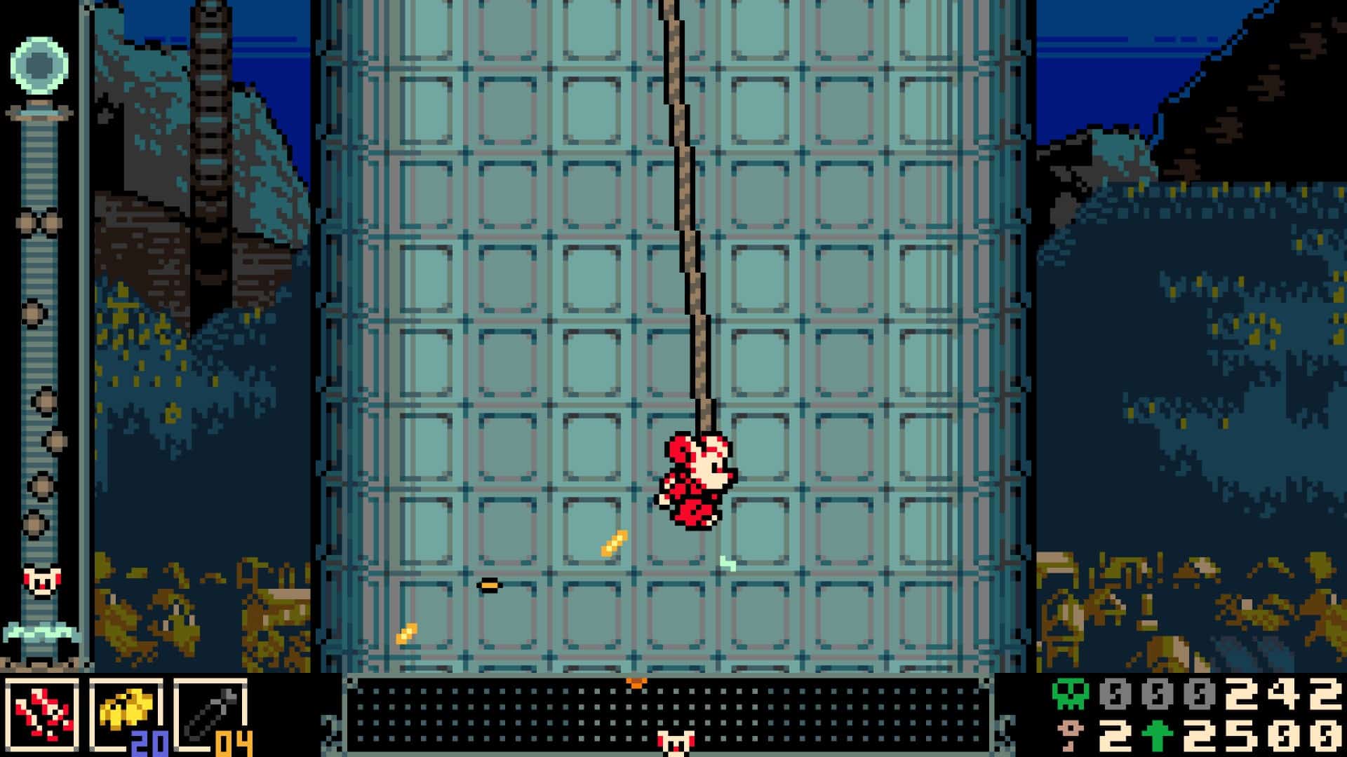 Mina climbing a tower via a rope