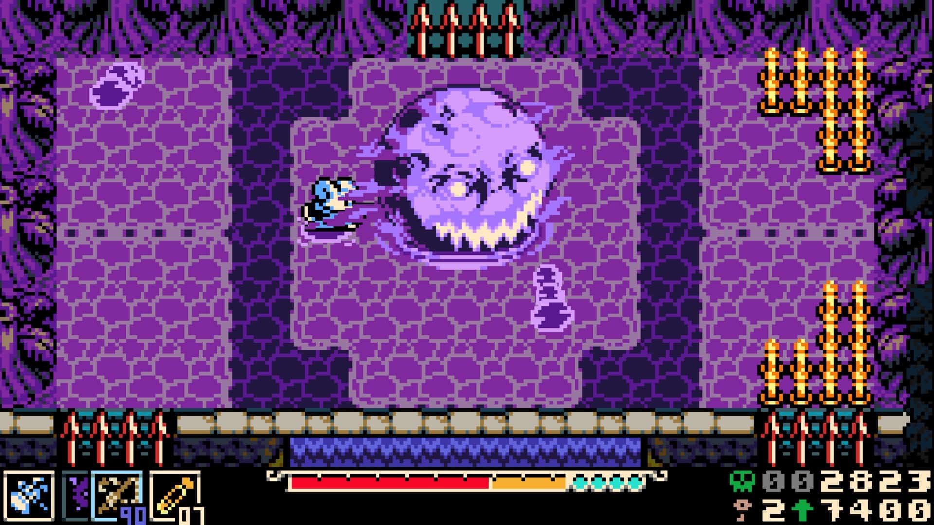 A purple floating ball with a face boss fight