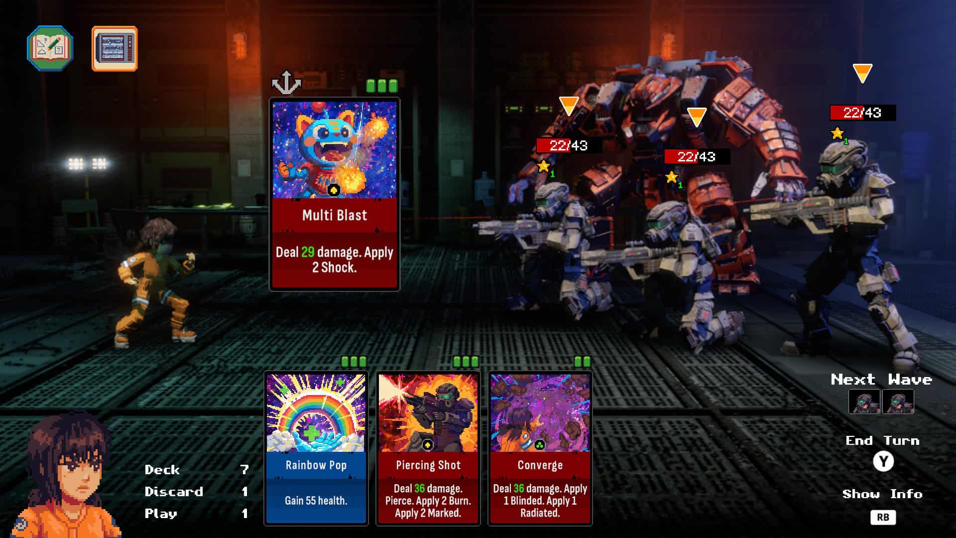 A lineup of cards in front of a kid in a prison jumpsuit set to damage multiple soldiers with guns and a giant red mech soldier in the background