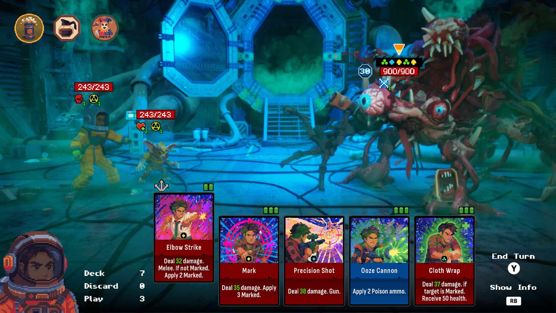 A mess of flesh and eyes fighting against Jack and a furry creature