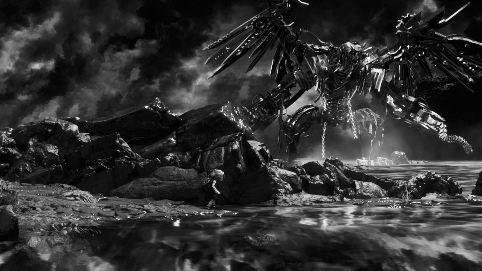A giant monster looming in the back, as a small zombie hides behind rocks