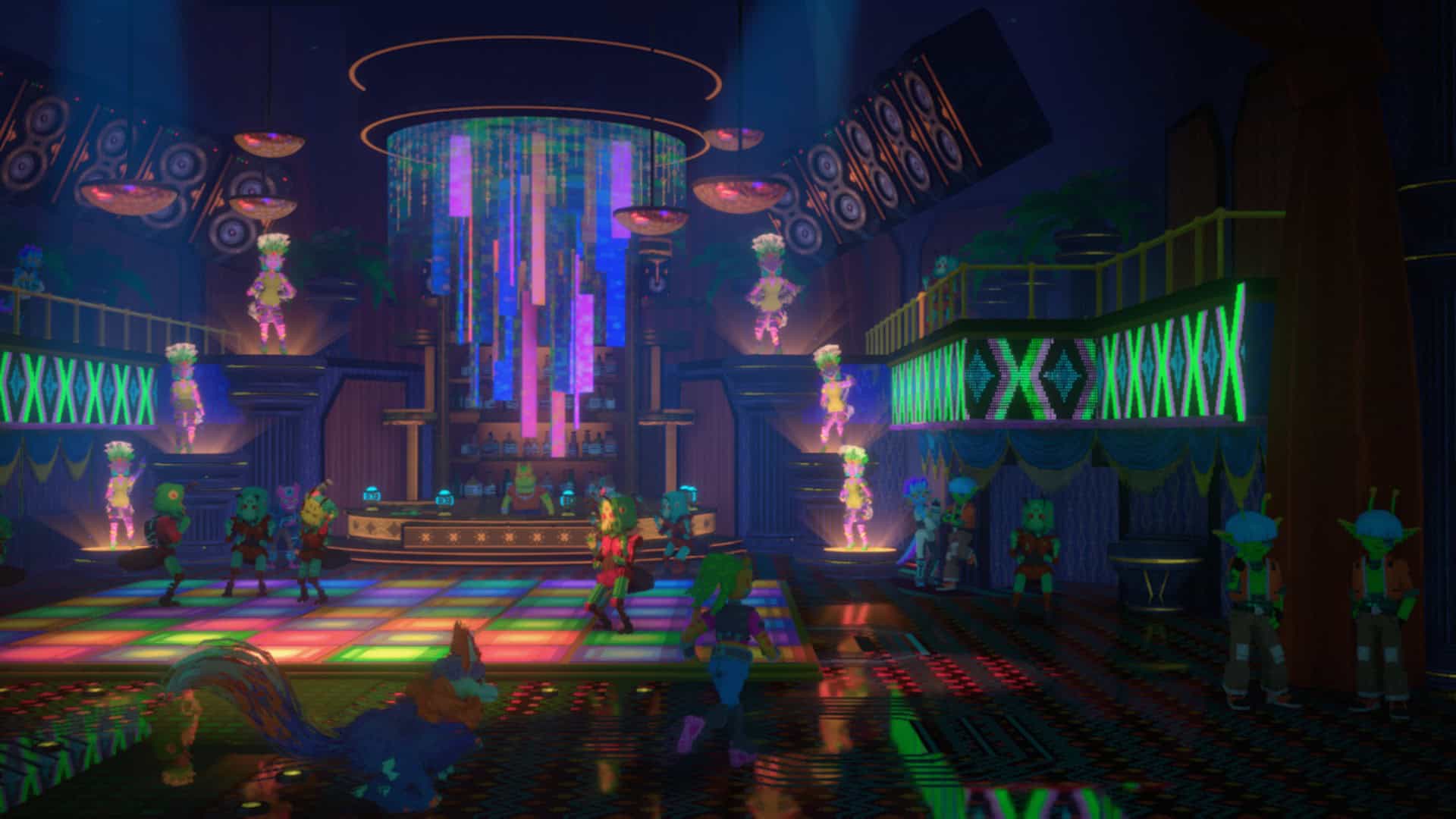 A bunch of bug-looking aliens dancing on a colorful dance floor