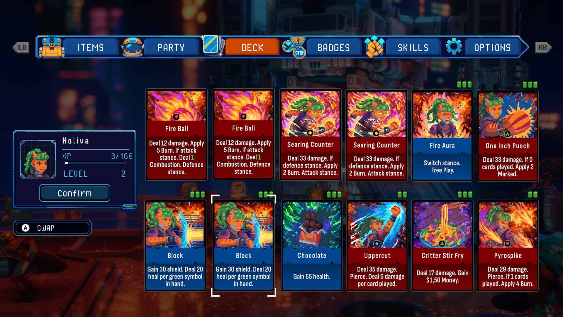 A lineup of cards with lengthy descriptions