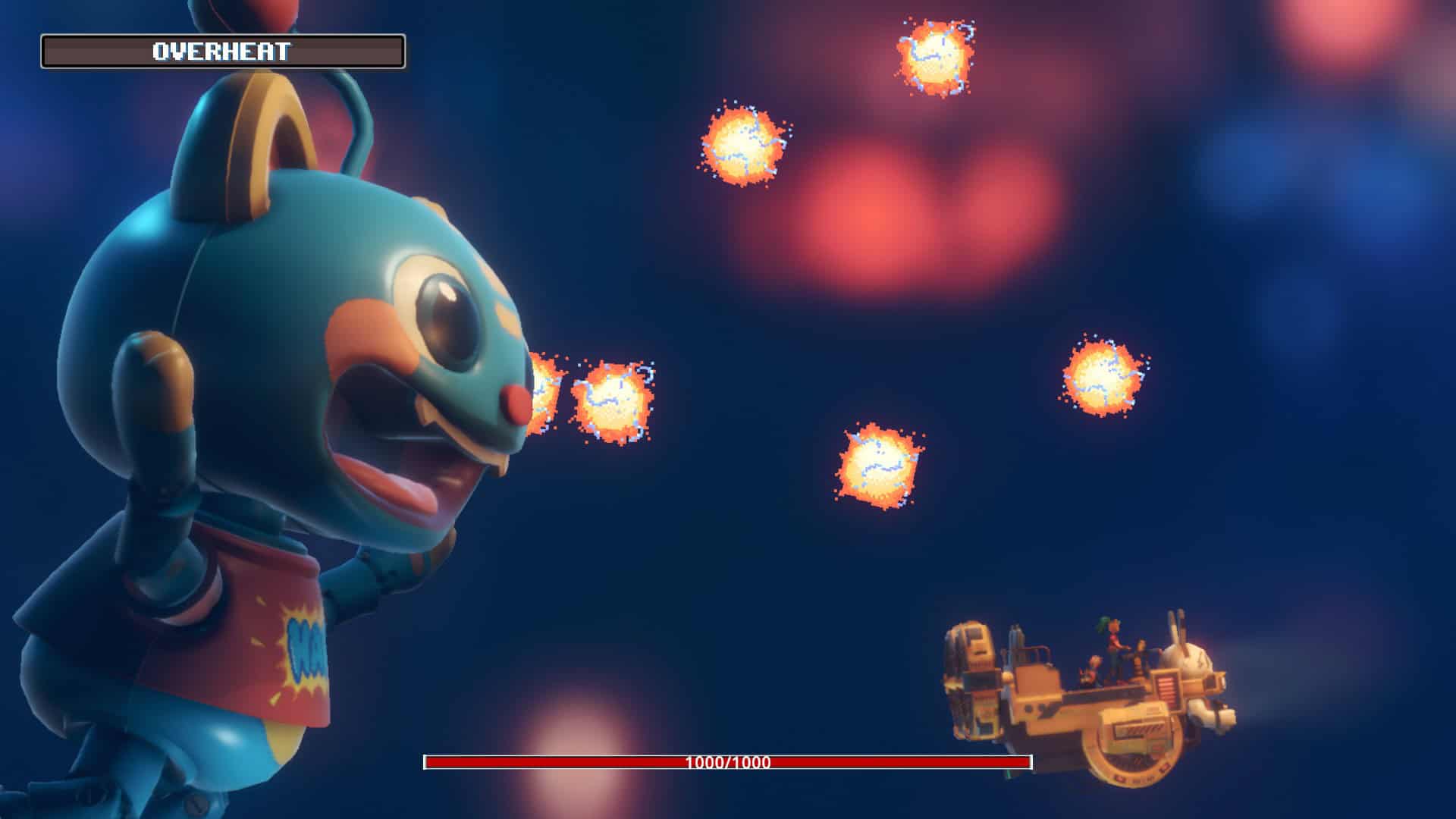 A giant blue cat shooting bullets at a floating car